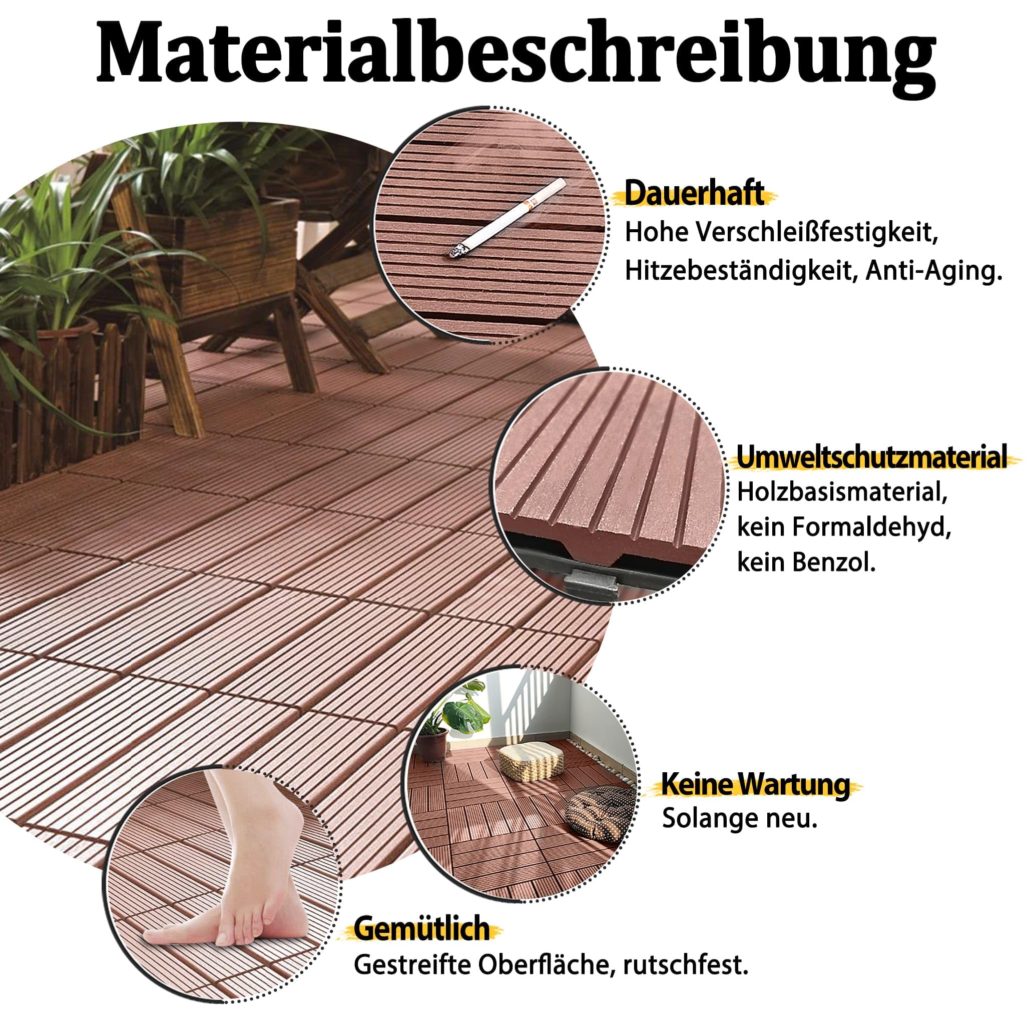 Froadp 30x30cm WPC Carrelage de sol en Plastique Composite, Revêtement de sol Extérieur, Dalles en Bois-plastique Extérieur, Caillebotis Système Plug-in pour Terrasse Jardin Balcon(11 pcs, Marron)