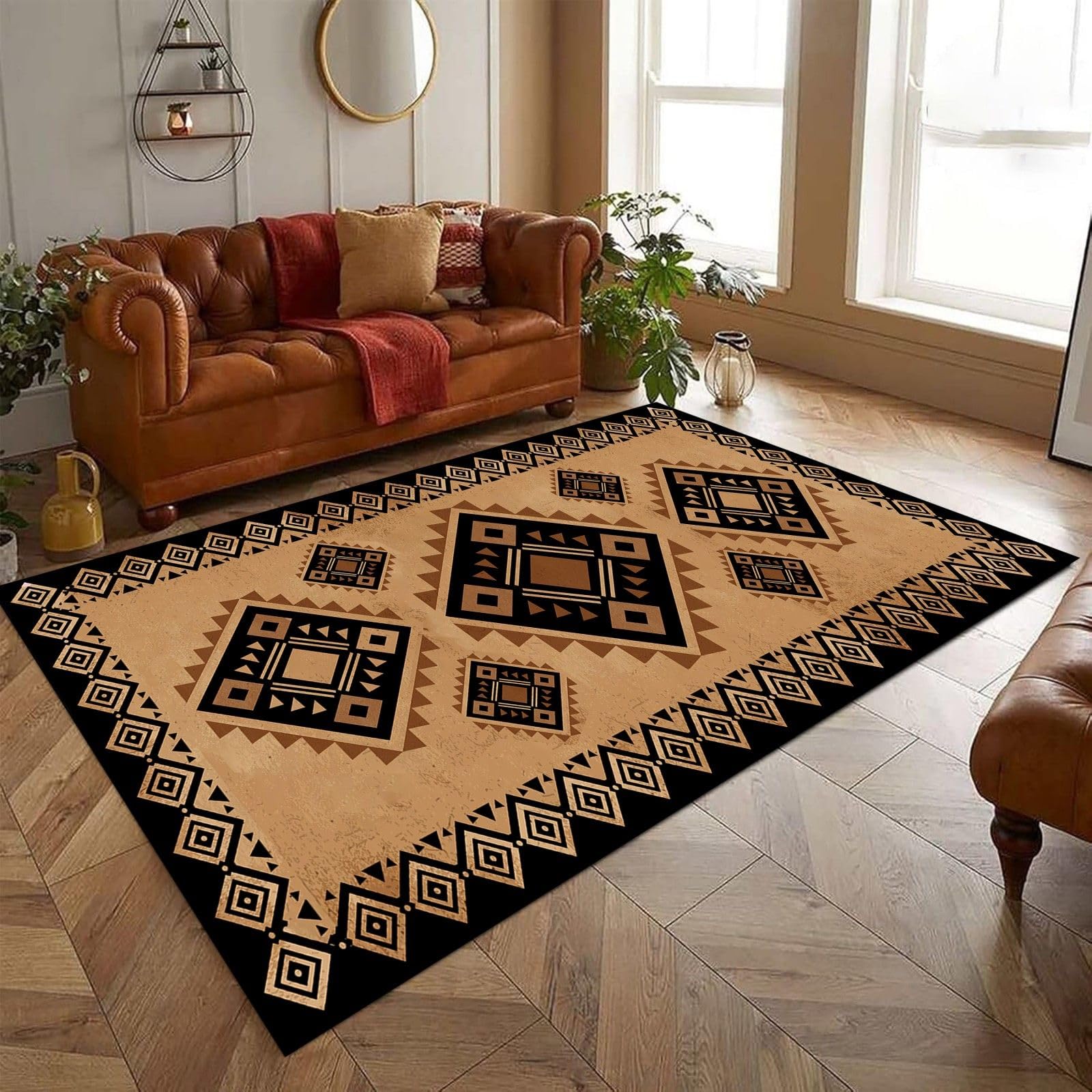 ZLXMN South West Area Rug 60x90cm Washable Geometric Pattern Western Rug Southwestern Tribes Living Room Decoration Non Slip Floor Carpet For Bedroom, Dining Room Brown