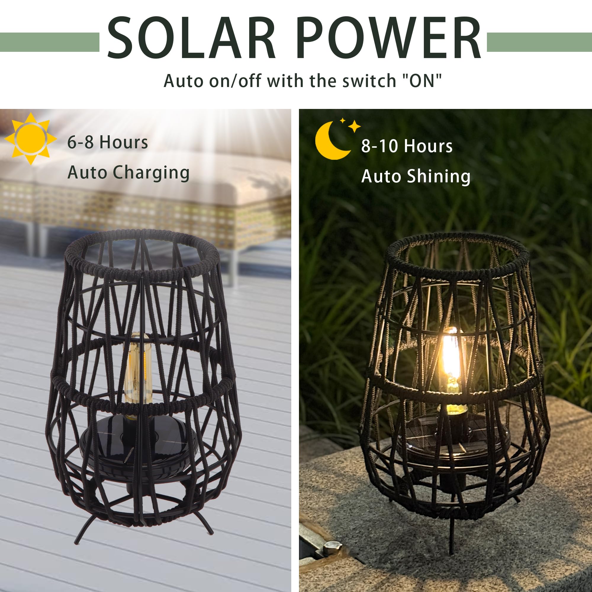 TRIROCKS Solarleuchten für den Garten, 2 Pack 30cm hohe Solarlaternen mit Olefin-Seil, wasserfeste Solar-Gartendekoration, kabellose Tischlampe für Terrasse, Rasen, Hof, Außendekoration (Schwarz)