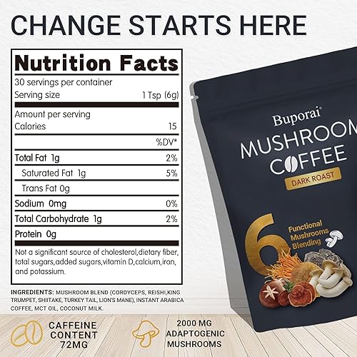 Miniatura 2 de Café de hongos tostado oscuro, café instantáneo de hongos con 6 hongos melena de león, cordyceps, cola de pavo y otros para energía, concentración,