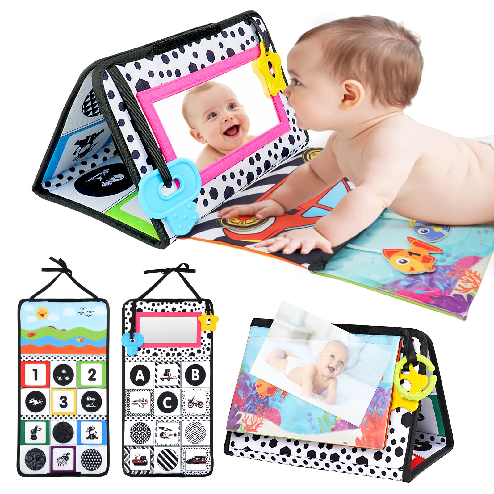 Vicloon Baby Spiegel Spielzeug mit Knisterbuch,Faltbarer Schwarz Weiß Kontrast Babybuch,Baby Spiegel Spielzeug,Spiege Spielzeugs Babys Spielzeugs ab 0 Monate,Babyspielzeug für neugeborenen Geschenk