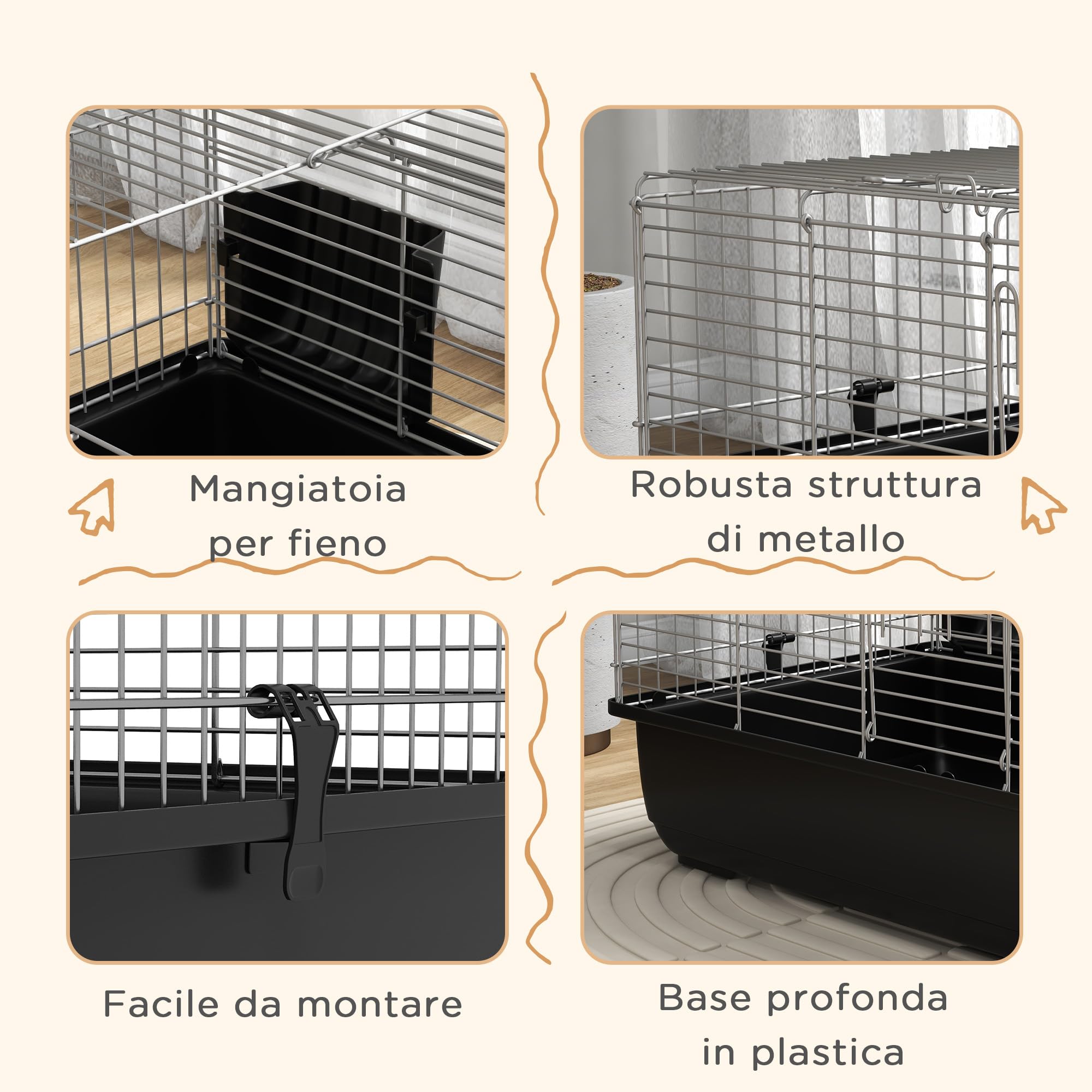 PawHut Gabbia per Conigli a 2 Aperture con Vassoio Rimovibile, Conigliera Gabbia per Roditori in Metallo e Plastica PP, 100x55x41 cm, Nero e Argento