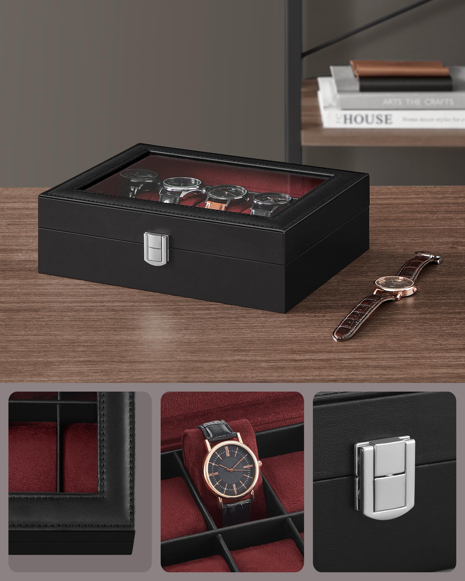 SONGMICS Scatola per orologi con 10 scomparti, custodia per orologi con coperchio in vetro, scatola per esposizione orologi con cuscini rimovibili, chiusura in metallo, idea regalo, pelle sintetica