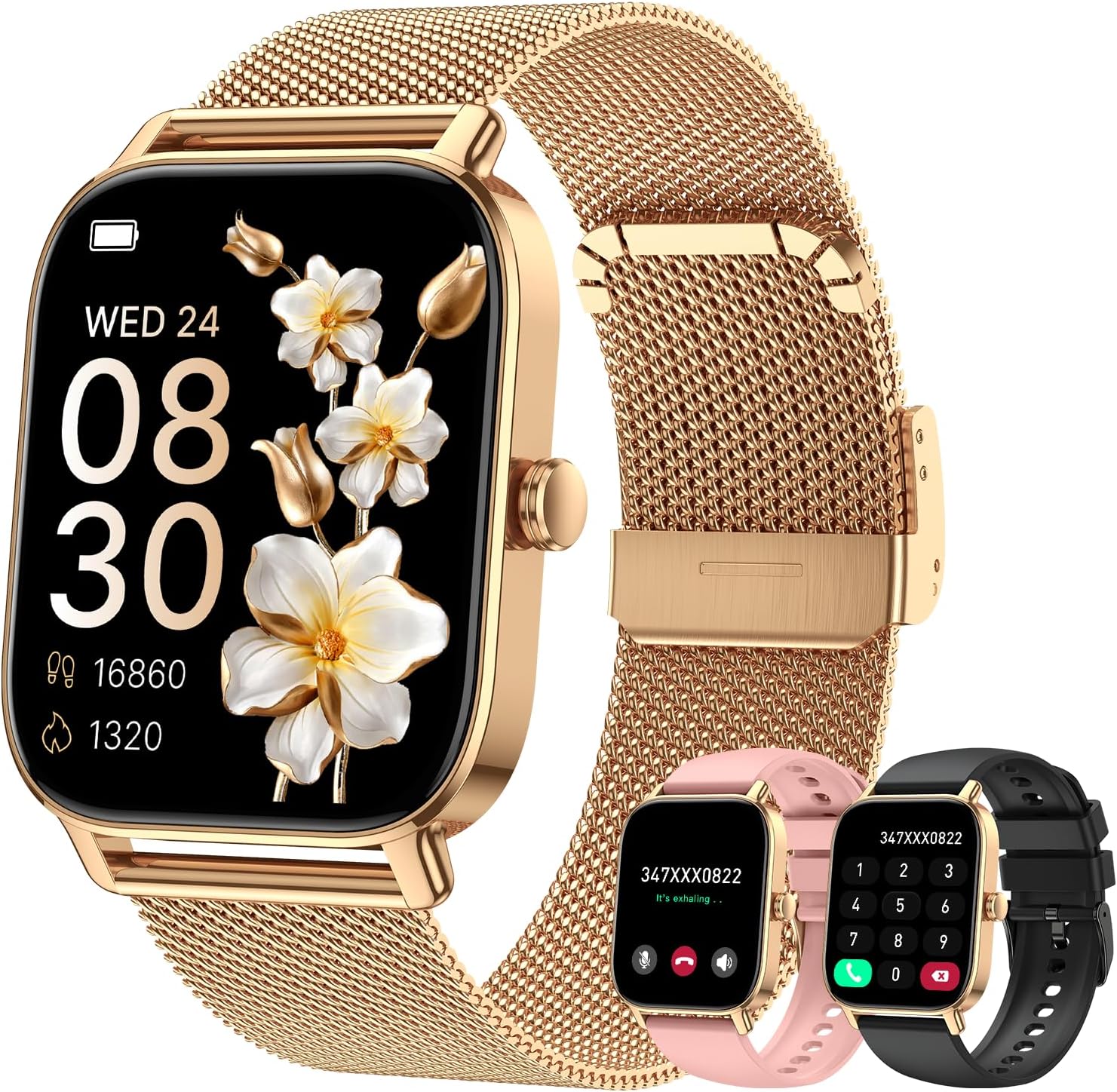 Smart Watch for Women Men Fitness: Waterproof Make Answer Call Digital Mens Watches Running Pedometer Smartwatch for Android Phone iPhone Samsung Compatible Heart Rate Monitor SpO2 Step Tracker Gold