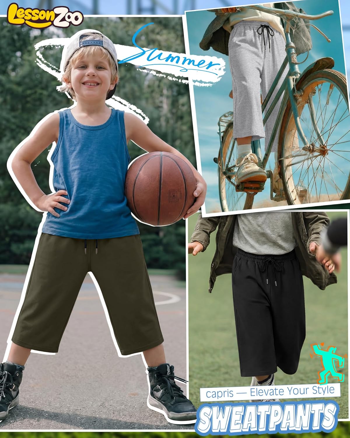 3 Pack Boys Capri Pants Teen Kids Wide Leg Drawstring Joggers Below Knee Shorts 3/4 Baggy Sweatpants with Pockets - Image 5
