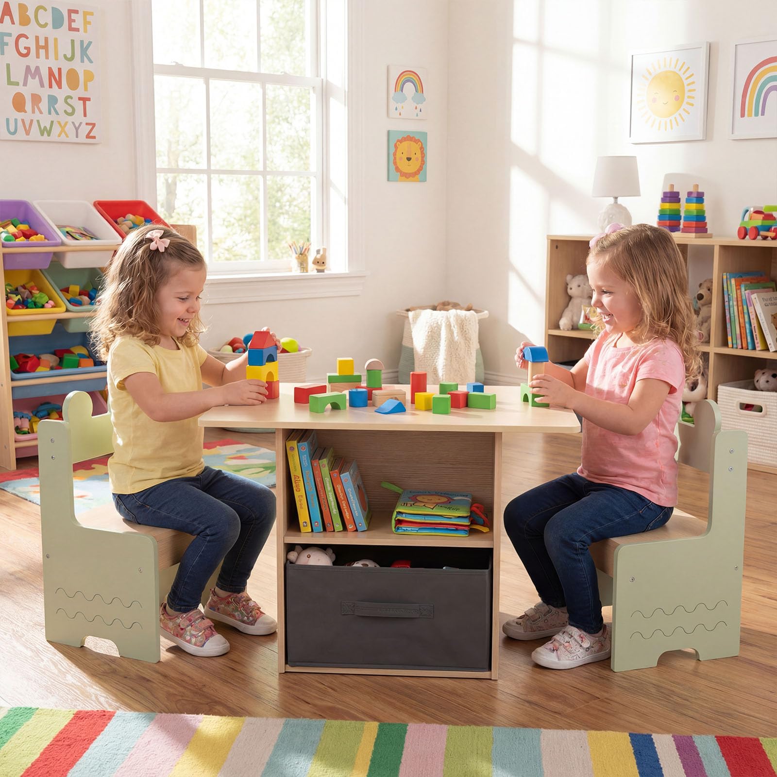 COSTWAY Table Enfant avec 2 Chaises en Bois, Bureau pour Dessiner Jouer, Charge 20/30kg, 3 Ans+