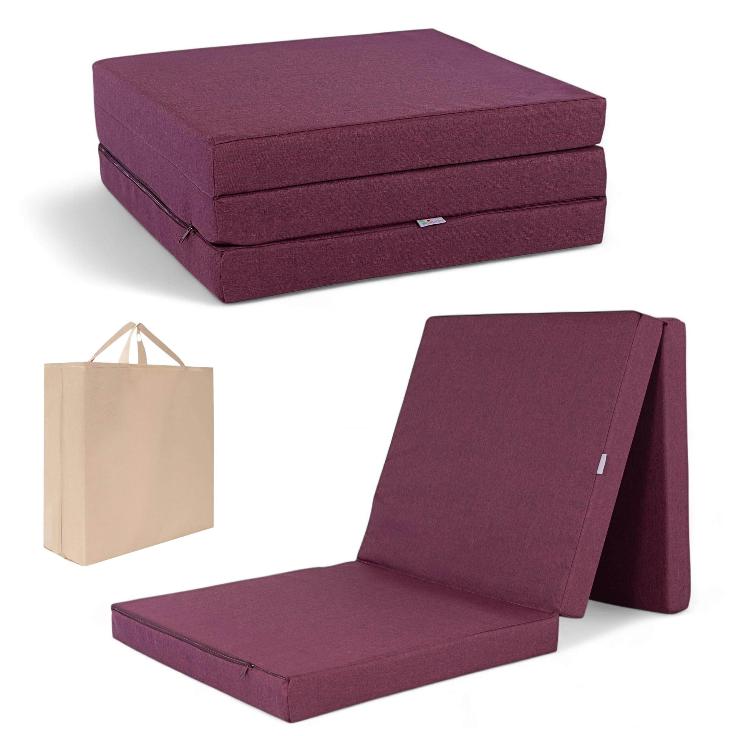 FORTISLINE Matelas Pliant 3 Parties 180 x 65 x 7 cm, Bordeaux déperlant - Matelas d’appoint Pliable pour invité, Voyage et Camping, Housse Lavable
