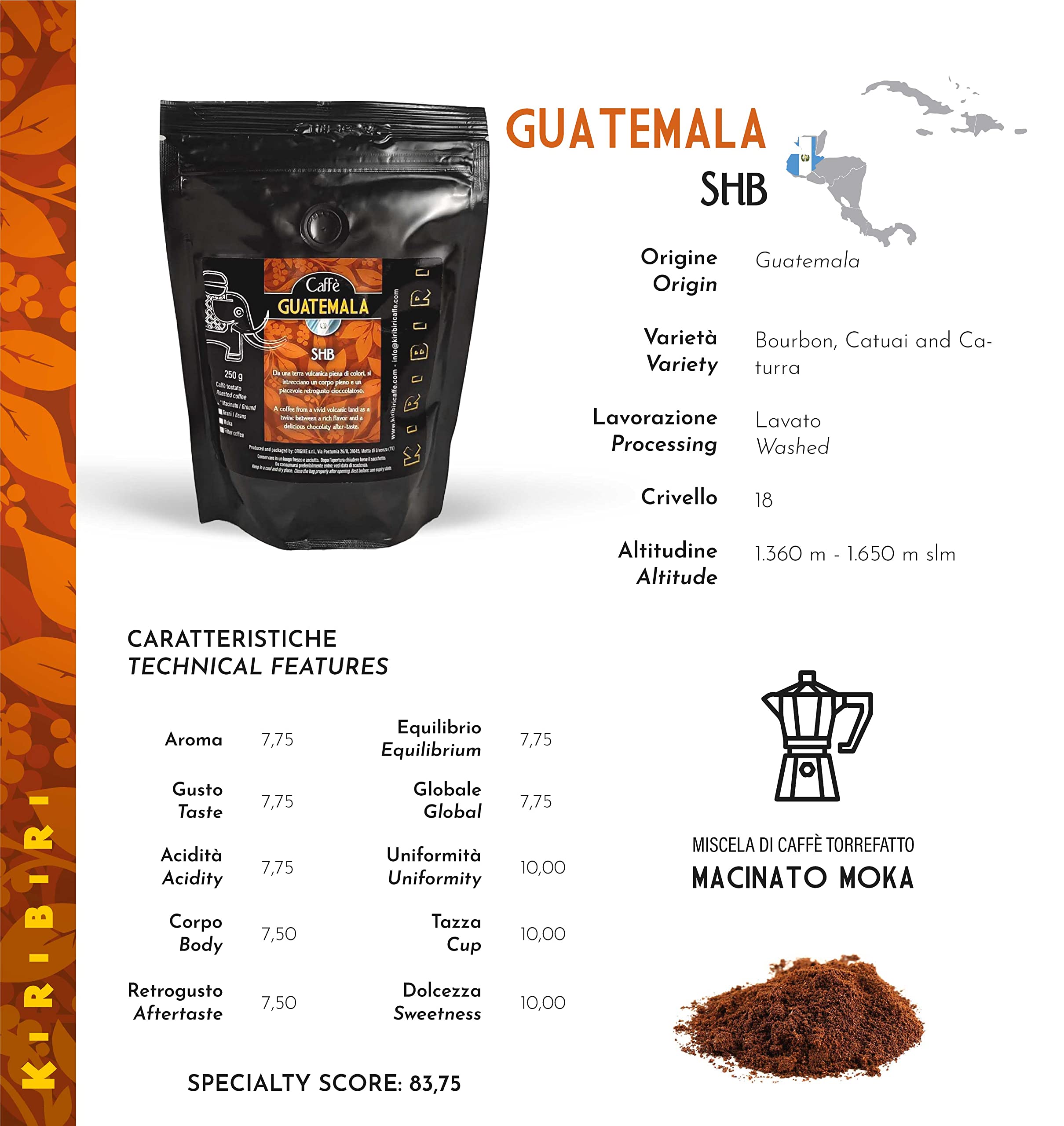 KIRIBIRI Caffè Macinato per Moka Caffè Specialty Monorigine 100% Arabica - Confezione 4 x 250g - Brasile, Guatemala, Honduras Biologico, Kenya