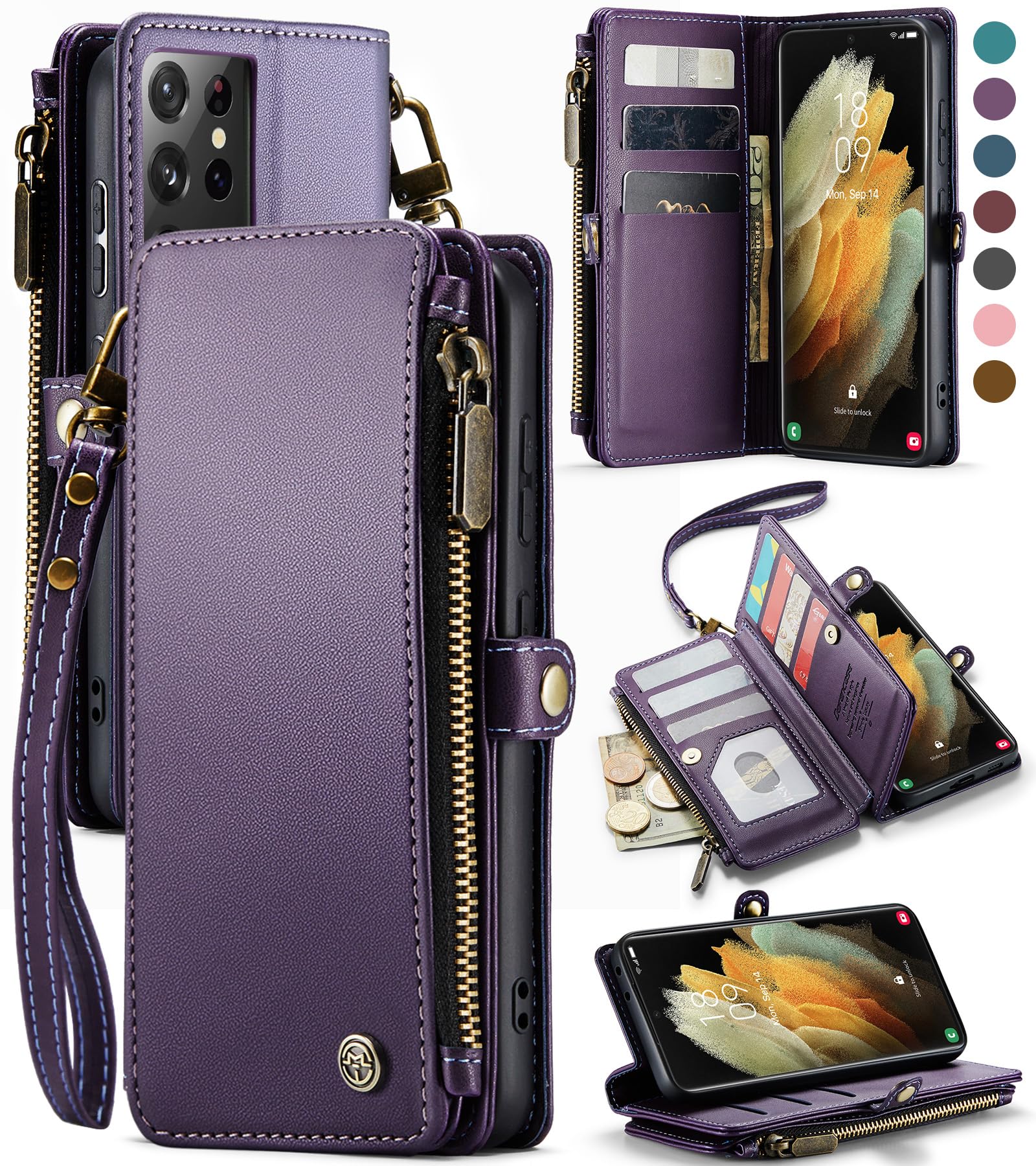 Defencase for Samsung S21 Ultra Case, RFID Blocking for Samsung Galaxy S21 Ultra Case Wallet for Women Men with Card Holder, Zipper Magnetic Flip PU Leather for Galaxy S21 Ultra Phone Case, Purple