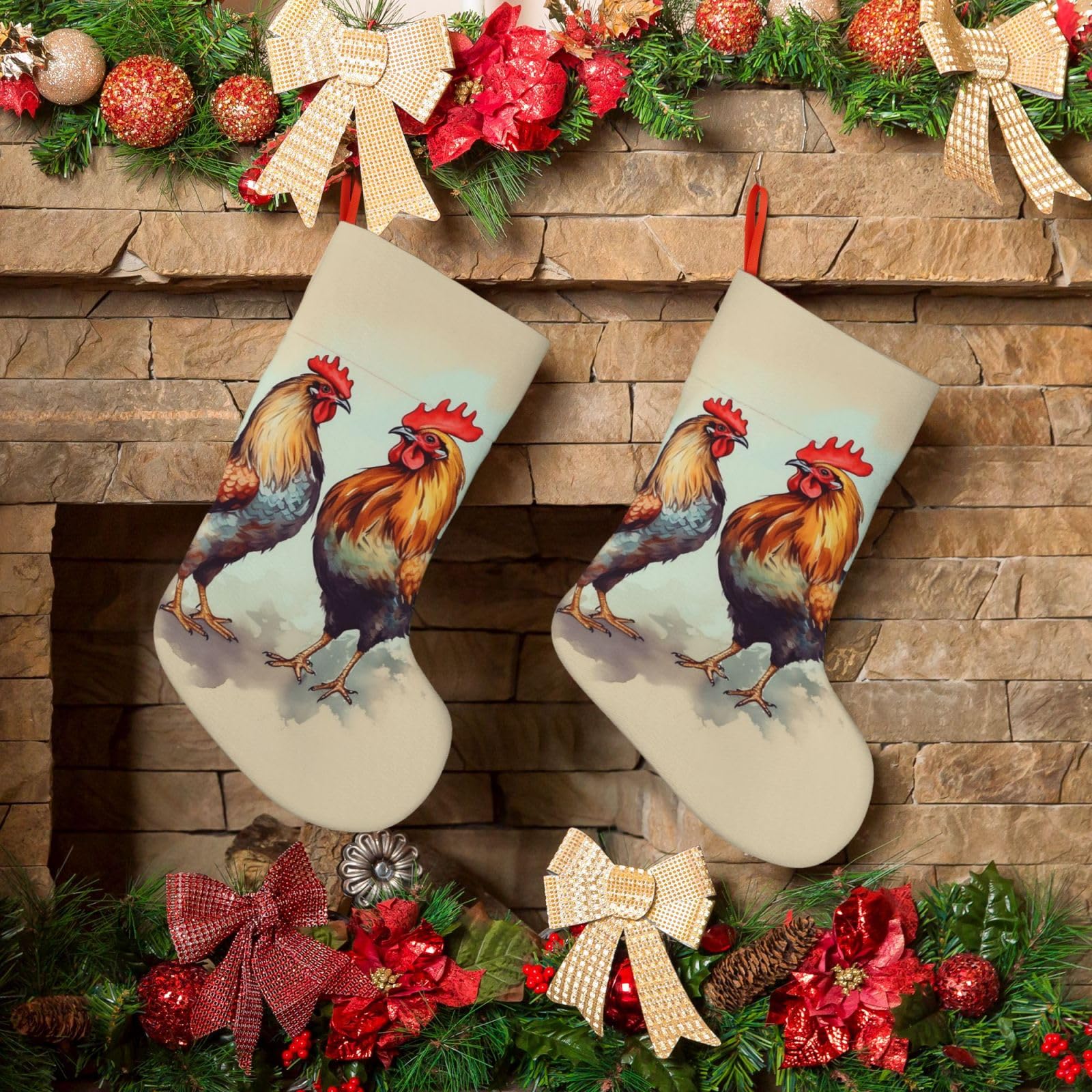 KLOPH Christmas Stockings 18" Personalized Xmas Stocking Rooster and Hen Decoration Stocking Hanging Fireplace Stocking for Holiday Xmas Tree Christmas Fireplace Decor