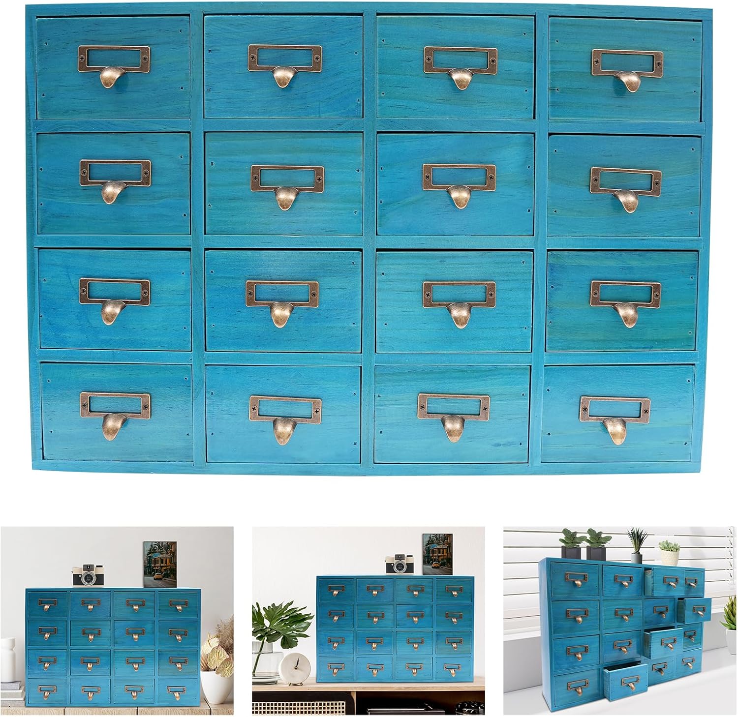 16 Drawers Apothecary Cabinet with Drawers Herb Storage Box, Wooden Desk Drawer Organizer Library Card Catalog Cabinet,Desktop Storage Cabinet Box for Herbal Crystals Cosmetics Perfume, Blue