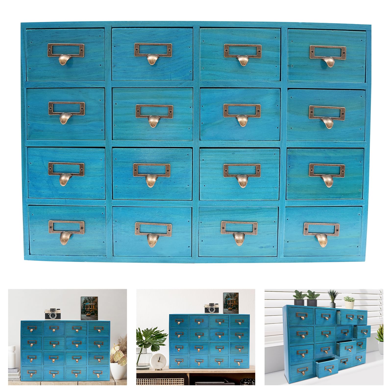 Organizer da scrivania in legno, con 16 cassetti, può essere utilizzato in soggiorno, nella cassettiera in cucina, in ufficio, blu, 50,5 x 9,5 x 35 cm