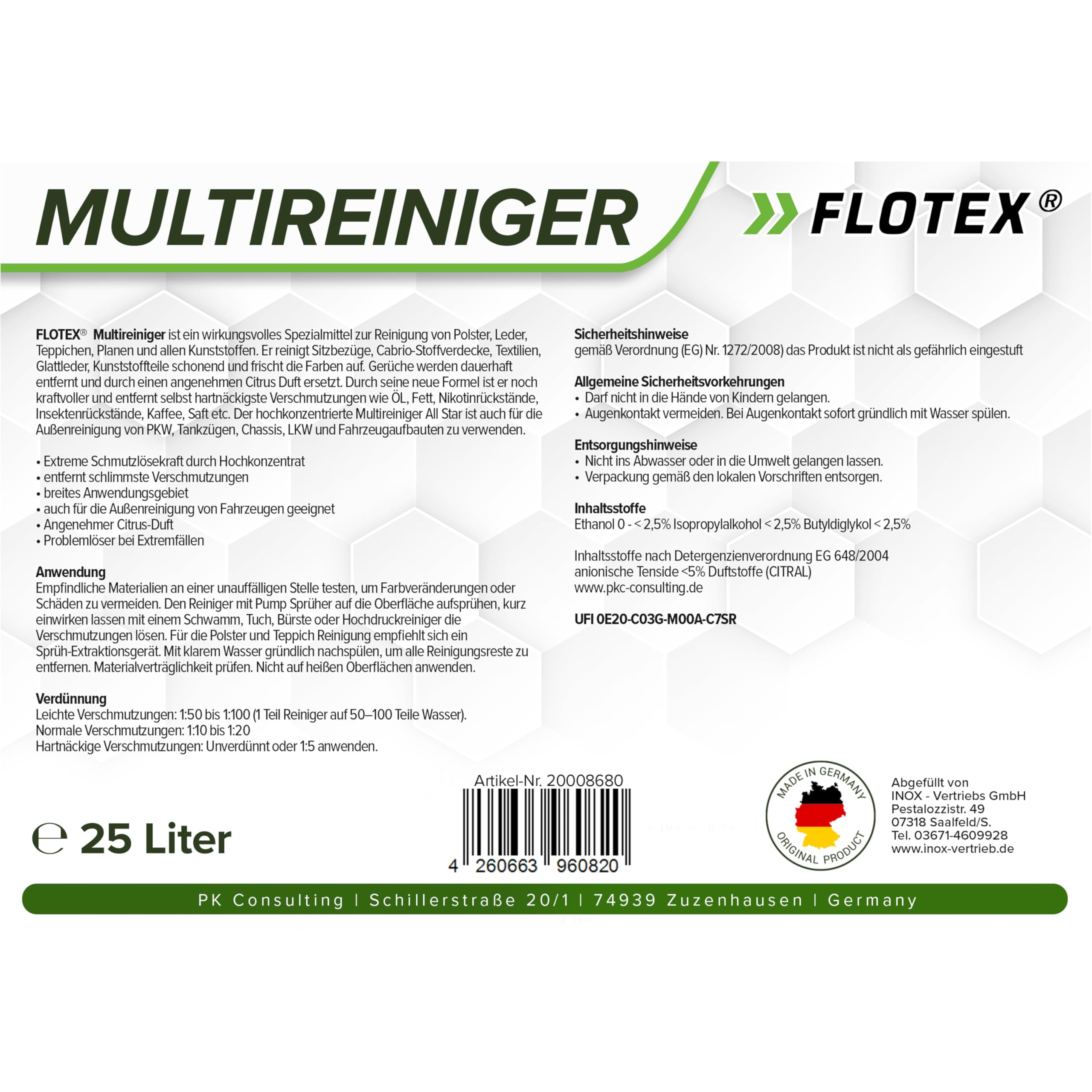 Ergiebiger Multireiniger 25L Kanister Auto Reiniger | Kunststoffreiniger und Autoreinigung von Innen und Außen | Polsterreiniger Auto und Teppichreiniger