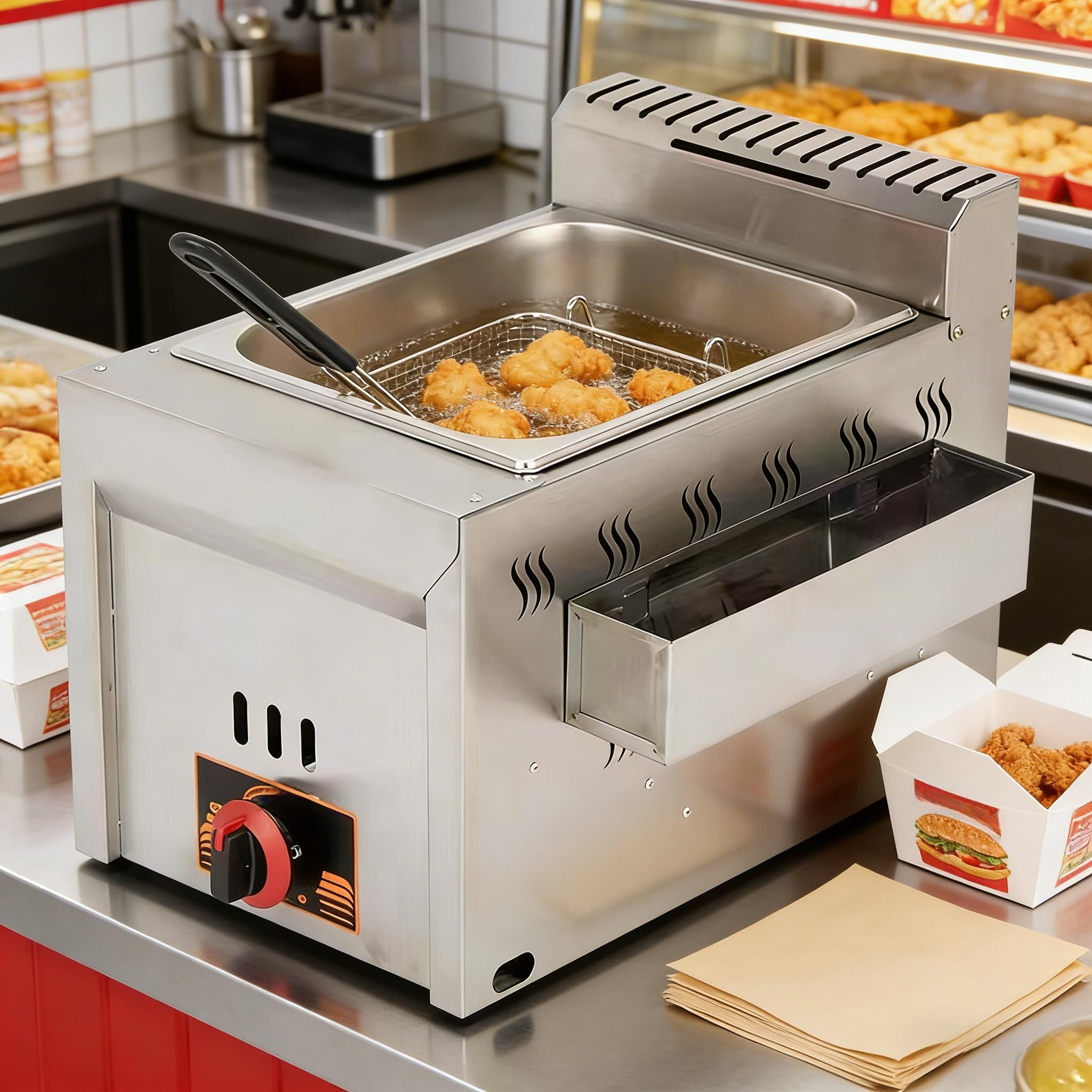 Friteuse à gaz professionnelle, friteuse à huile 8 l, acier inoxydable de qualité alimentaire, panier et couvercle en maille métallique renforcée, panier amovible, pour cuisines commerciales et