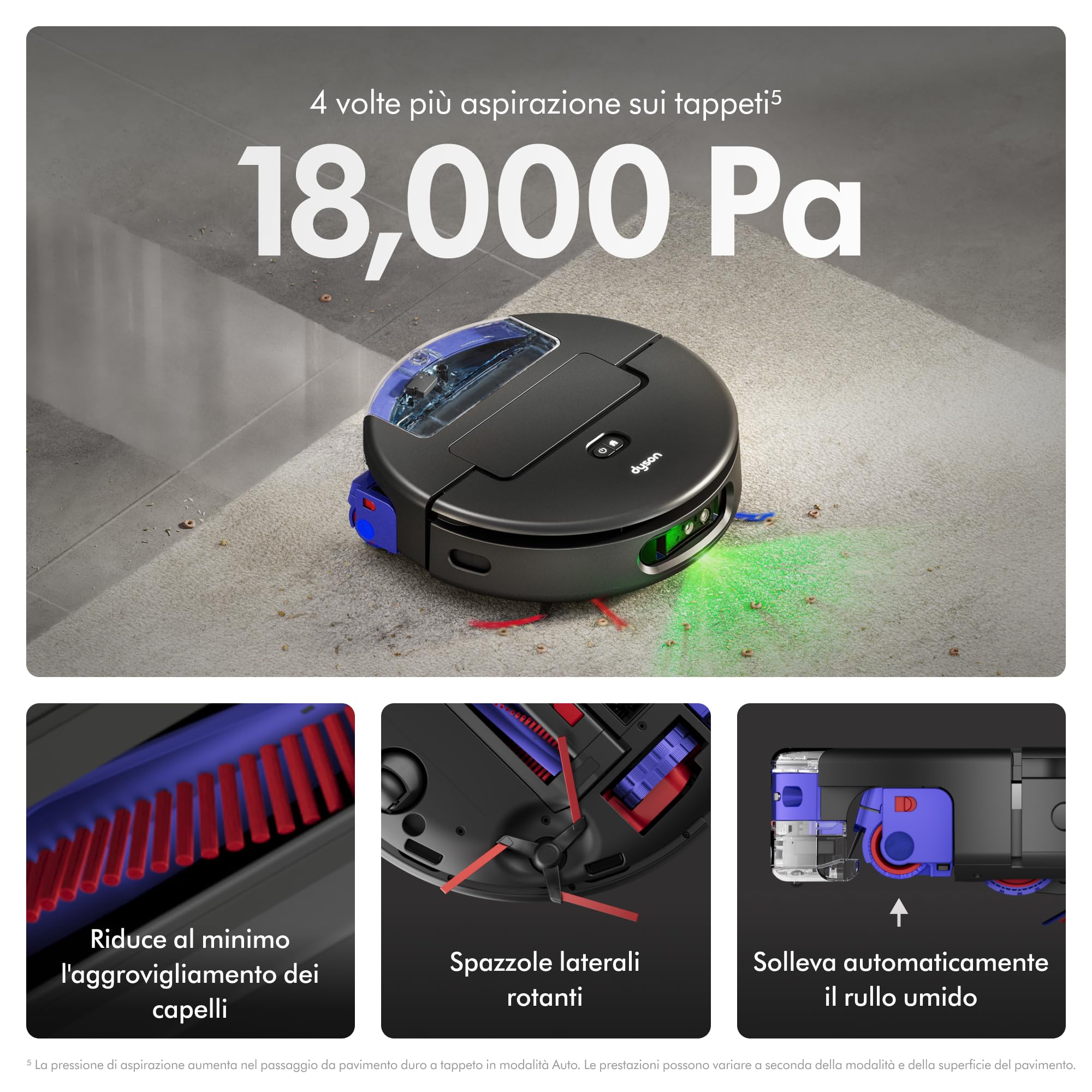 Dyson Spot+Scrub™ AI Robot aspirapolvere e lavapavimenti, 18.000 Pa, 200 min autonomia, auto‑svuotamento, base 3 L, rullo autopulente e filtrazione igienica 0,1 micron (Nero/Blu)