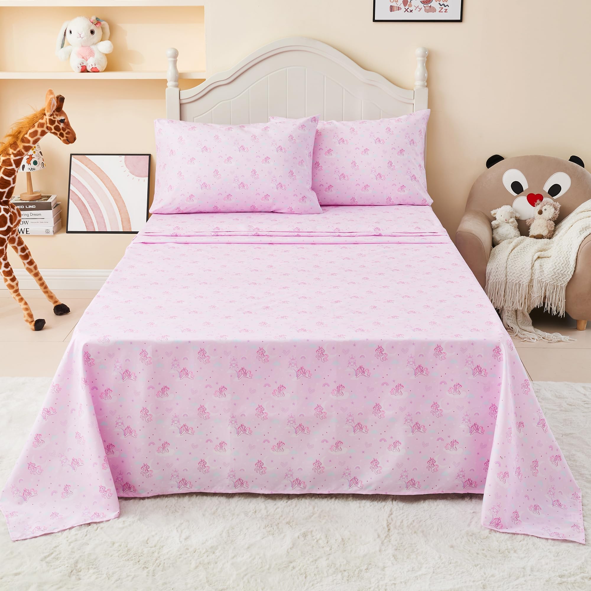 Softan Kids Bed Sheet Set, Girls Twin Size Kids Sheets, Microfiber Fitted Sheet and Pillowcase, Breathable and Silky Soft, 3 Piece Purple Unicorn Printed Twin Bed Sheet