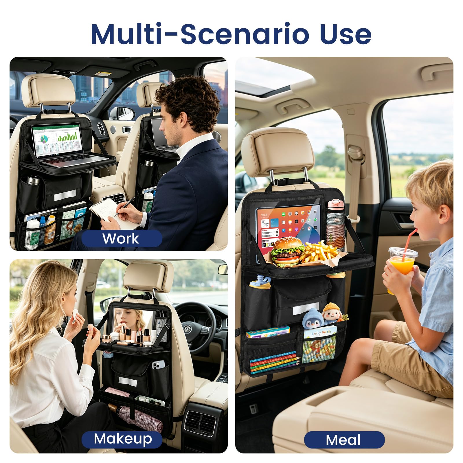MoKo Auto-Organizer für den Rücksitz, Autositzschutz mit Klappbarer Ablage und 8 Taschen, Transparentes Fach für Tablets auf Autofahrten, 600D-Oxford-Gewebe, 2 Pack, Schwarz
