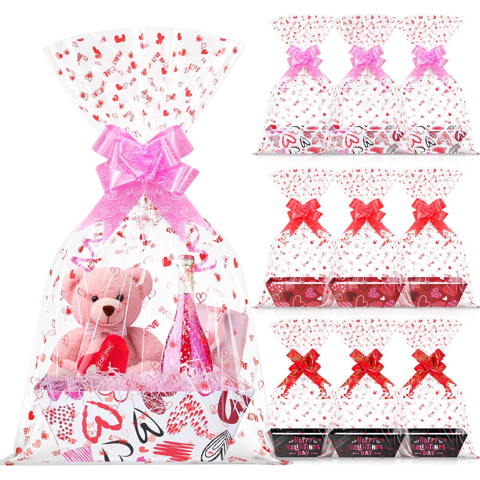 12 Sets Valentines Day Gift Basket Empty with Heart Printed Cellophane Basket Bags, Cardboard Valentine Gift Basket Empty to Fill with Bows Ribbons for Valentine’s Day Wedding Anniversary Red Black