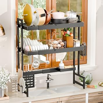 Over The Sink Dish Drying Rack, Telescopic Dish Rack, Dish Drainers for Kitchen Counter, Adjustable Length 25"-39", 2 Tier Large Dish Rack Black