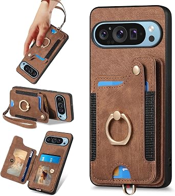 for Google Pixel 10 Pro XL Phone Case Wallet Card Holder,PU Leather Flip Folio Case,RFID Blocking Ring Holder Kickstand Wrist Strap Magnetic Protective Women Men Cover for Google Pixel 10 Pro XL Brown