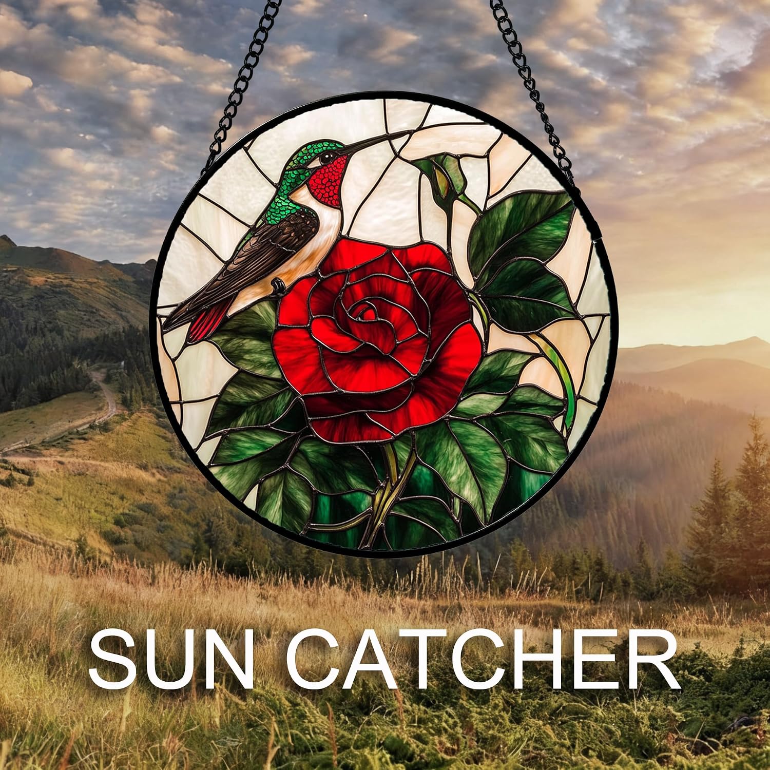 Stained Glass Window Hanging Hummingbird with Flower Large 15" - Bird Suncatcher Door Garden Patio Sun Catcher Home Decor Birthday Christmas for Mom Woman Nana Grandma Men