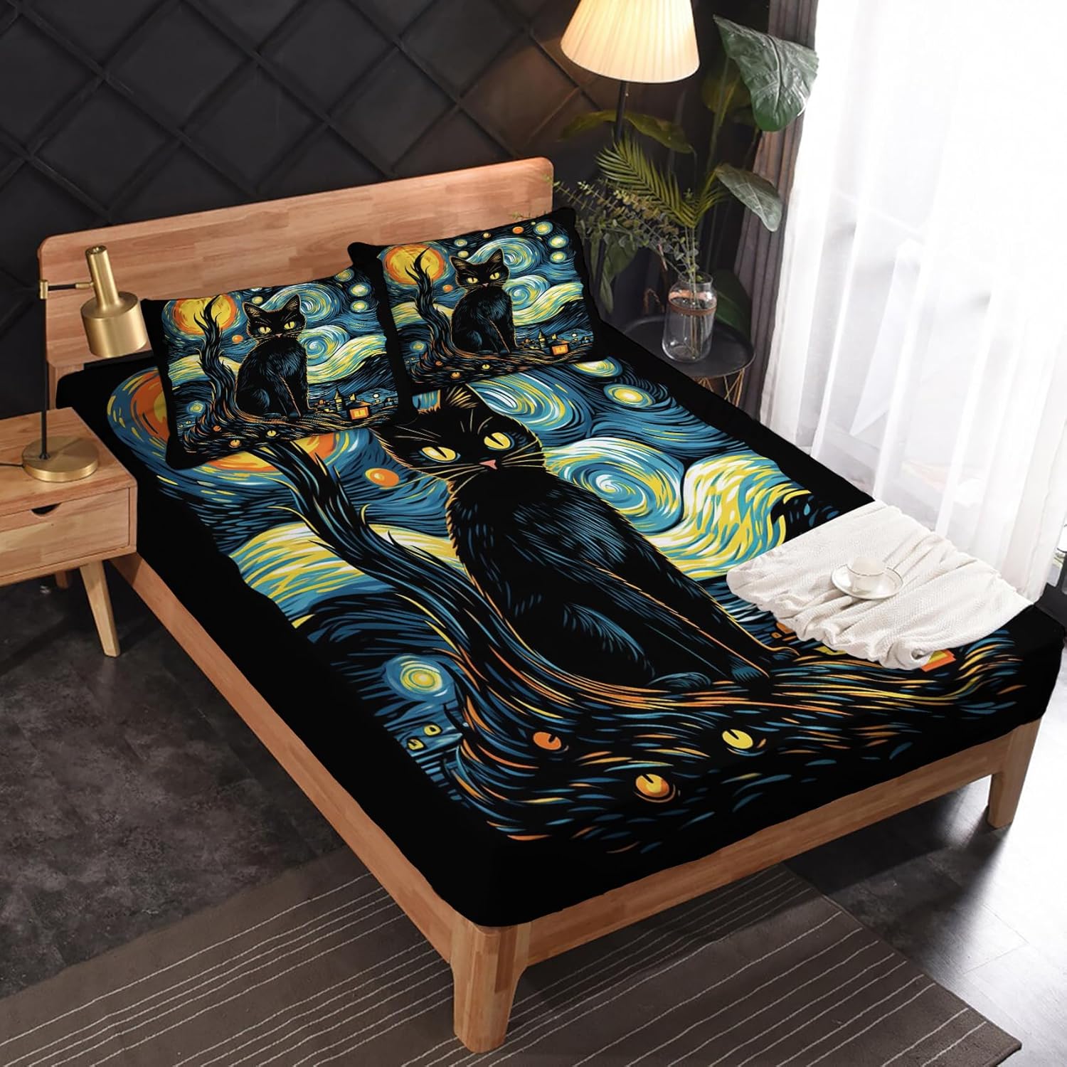 Queen Sheet Set - Black Cat Sheets - Van Gogh Bed Sheets - Soft Microfiber Sheet & Pillowcase Sets 4 Piece with 16 Inch Deep Pocket - Boho Patterned Bedding Decor