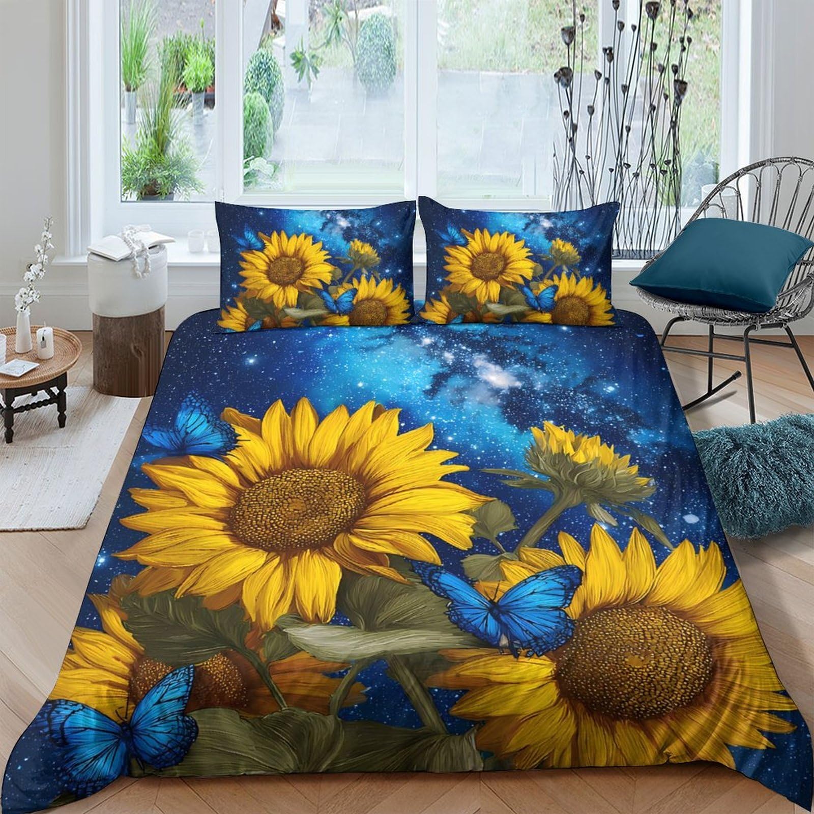 Ctjqhvkz Style-1 3D Printed Sunflower Butterfly Fitted Sheet Microfiber Soft Blue Bed Sheet For Bedroom Dorm Mattress Protection Decor Single（135X200cm）