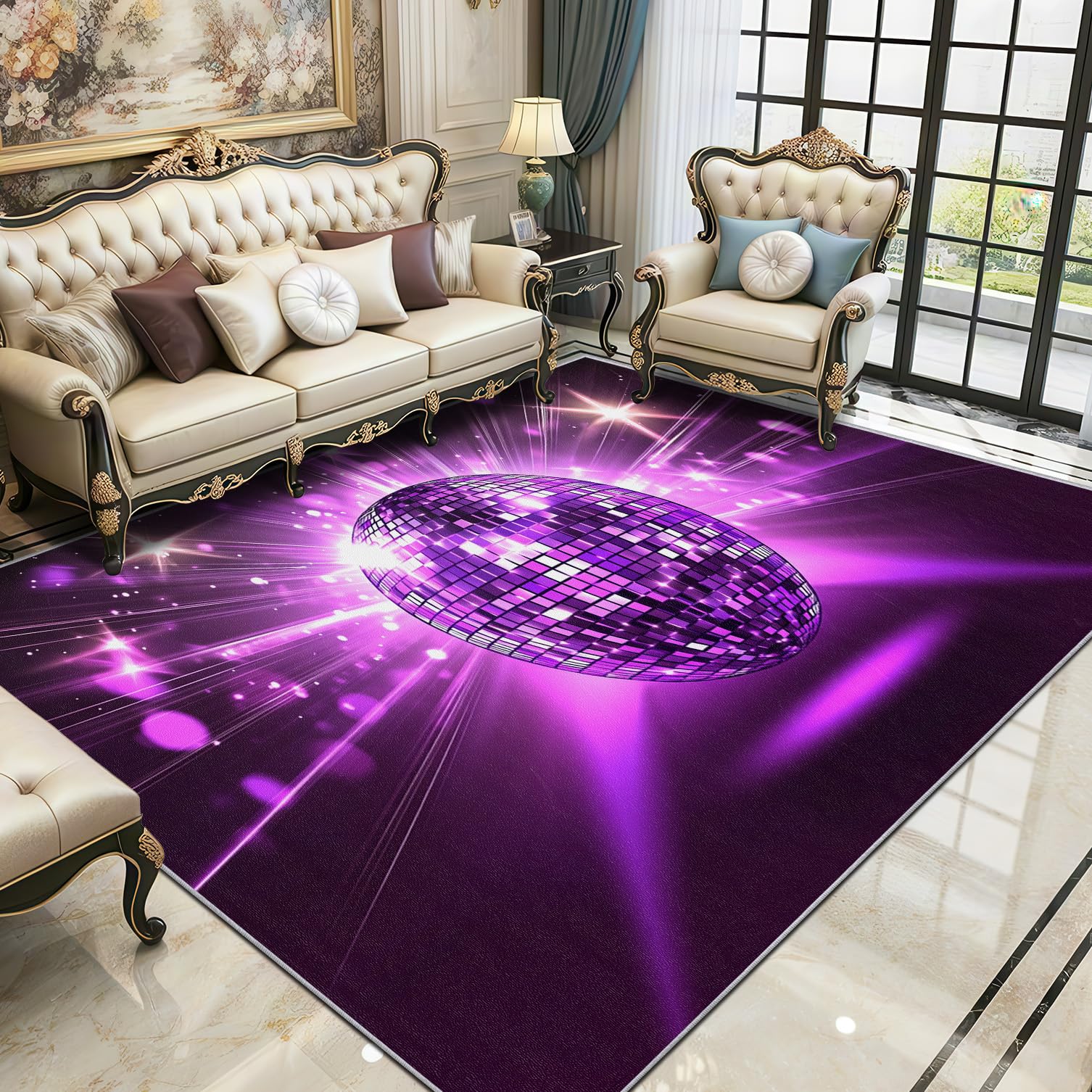 Disco Ball Rug - Purple Mirror Ball Girls Small Rugs for Bedroom 60x90, Music Party Playroom Floor Mat Soft Washable Non Slip Indoor Mats, Disco Ball Room Decor