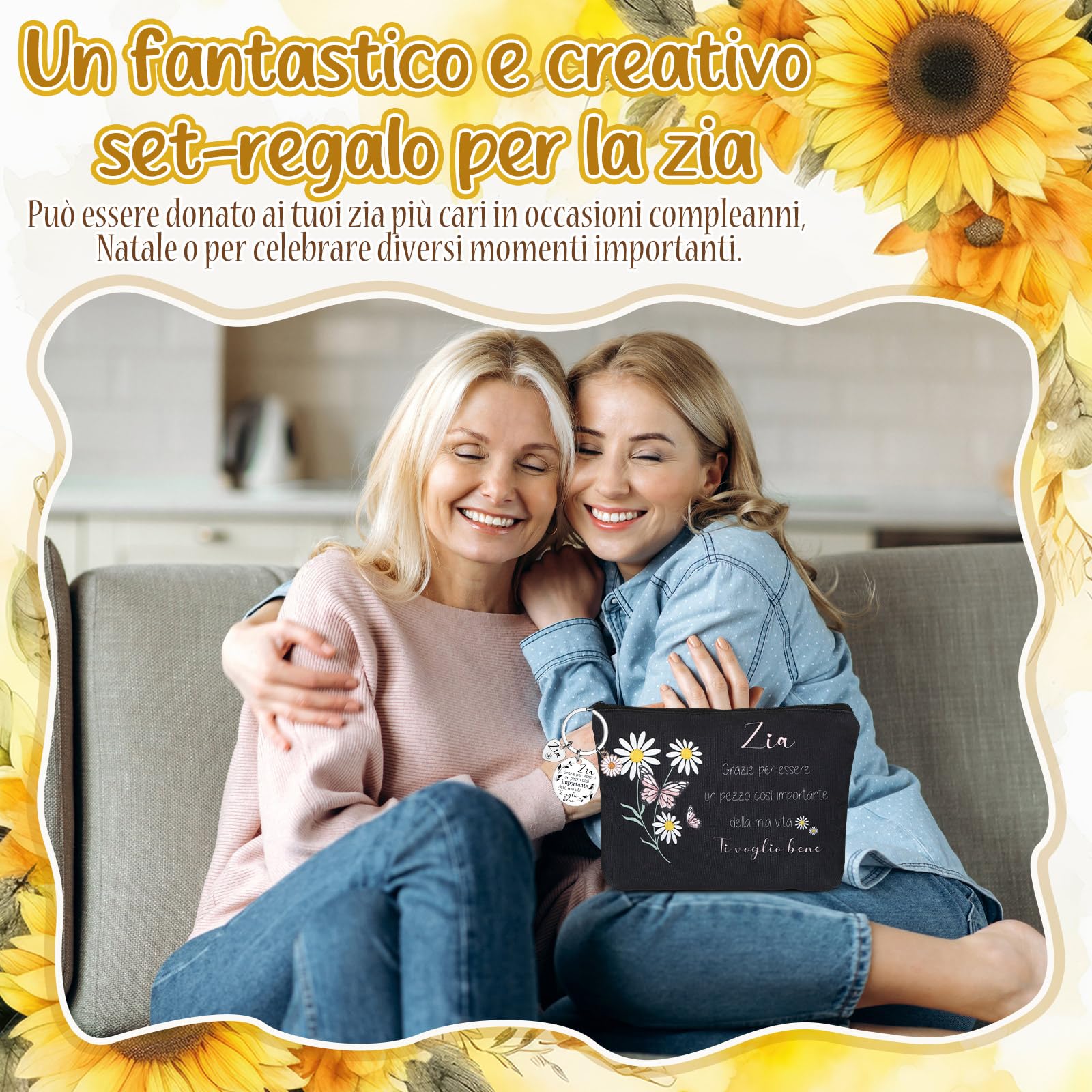 2 Pezzi Regalo per Zia Pochette Portatrucchi Portachiavi Ciondolo per Zia Compleanno Trousse per Cosmetici Borsa da Trucchi Floreale Regalini da Nipote per Donna Festa Natale(Nero)