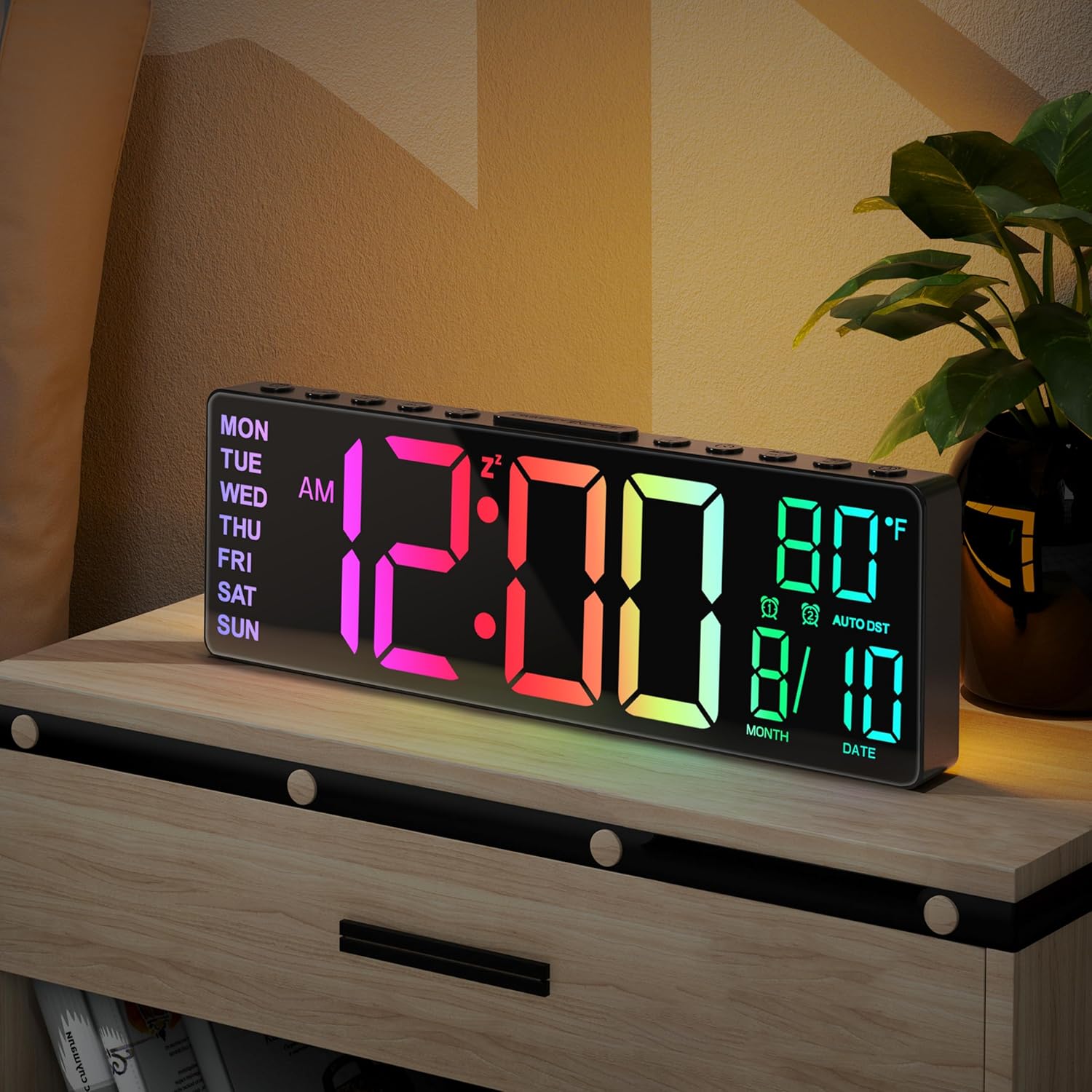 JALL 10 5 Digital Large Alarm Clock with 8-in-1 RGB Colors Date Month Temperature LED Auto DST Modern