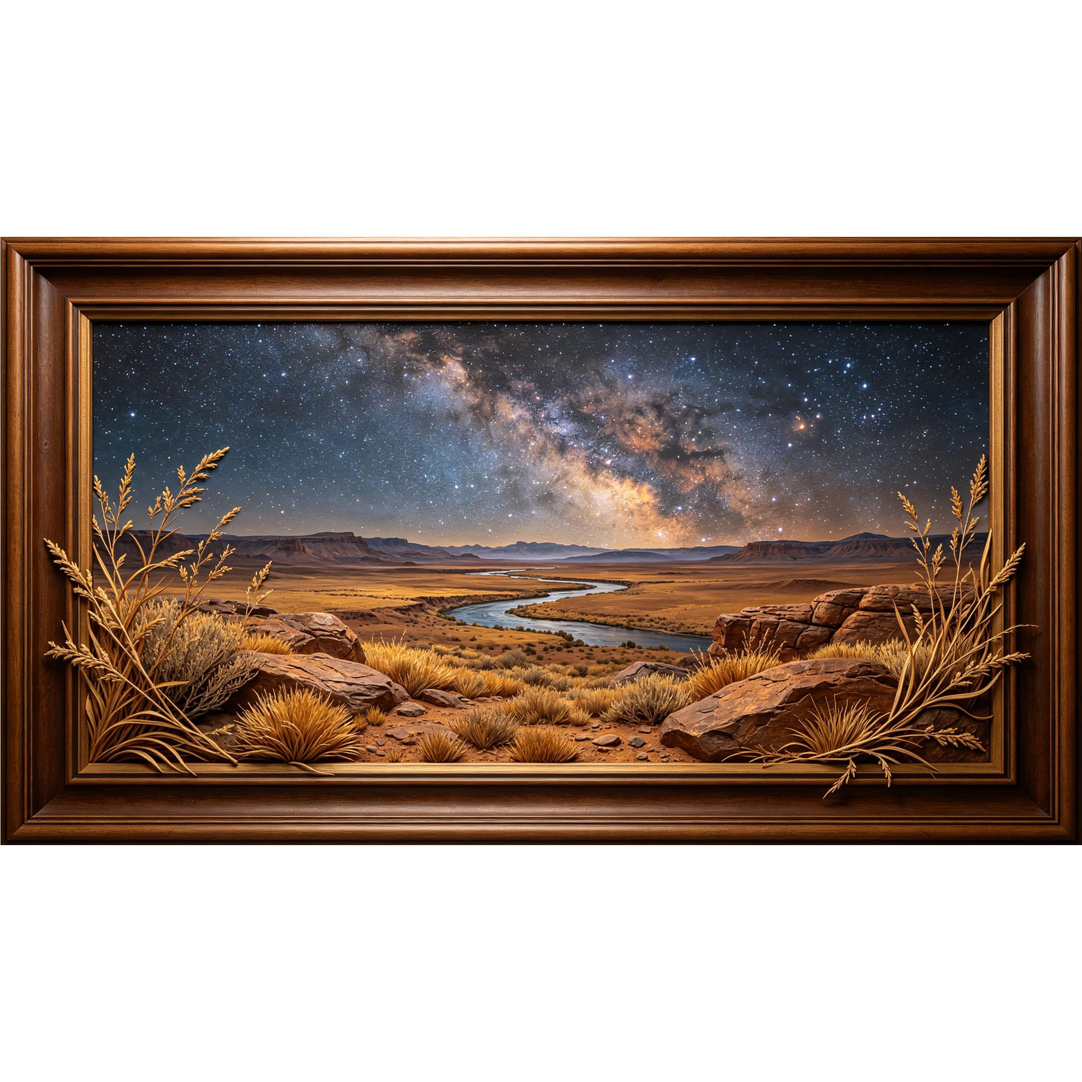 QZLITHOTIC 50×90cm3D Framed Wall Art， Milky Way Galaxy Mountain River Landscape SelfActivated Mural， WaterActivated Peel & Stick Fabric Decor Wall Decal for Bedroom Living Room