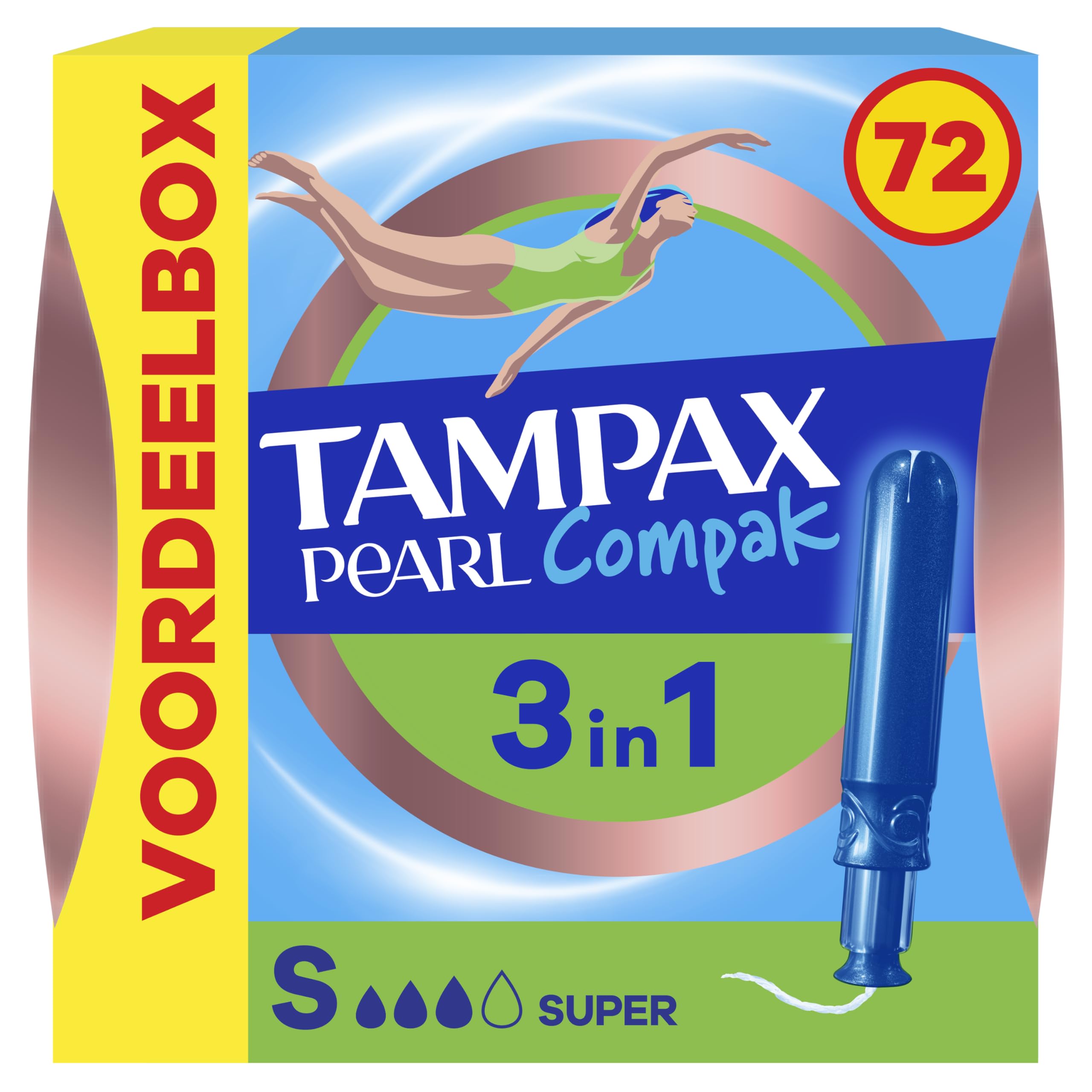 Tampax Compak Pearl, tamponi con applicatore, Super, formato Eco, 72 tasche singole (4 x 18), flusso medio ad albondanti, 3 comfort con applicatore morbido, tecnologia MotionFit, velato Douceur