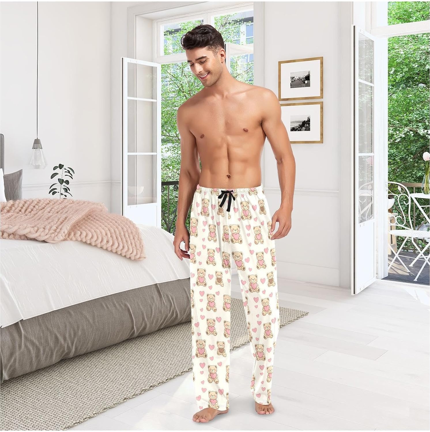 ZZKKO Mens Lounge Pajama Pants for Men Cute Teddy Bears Hearts Men's PJ Bottoms Lounge Sleepwear With Pockets Drawstring Long Pants Cotton XL