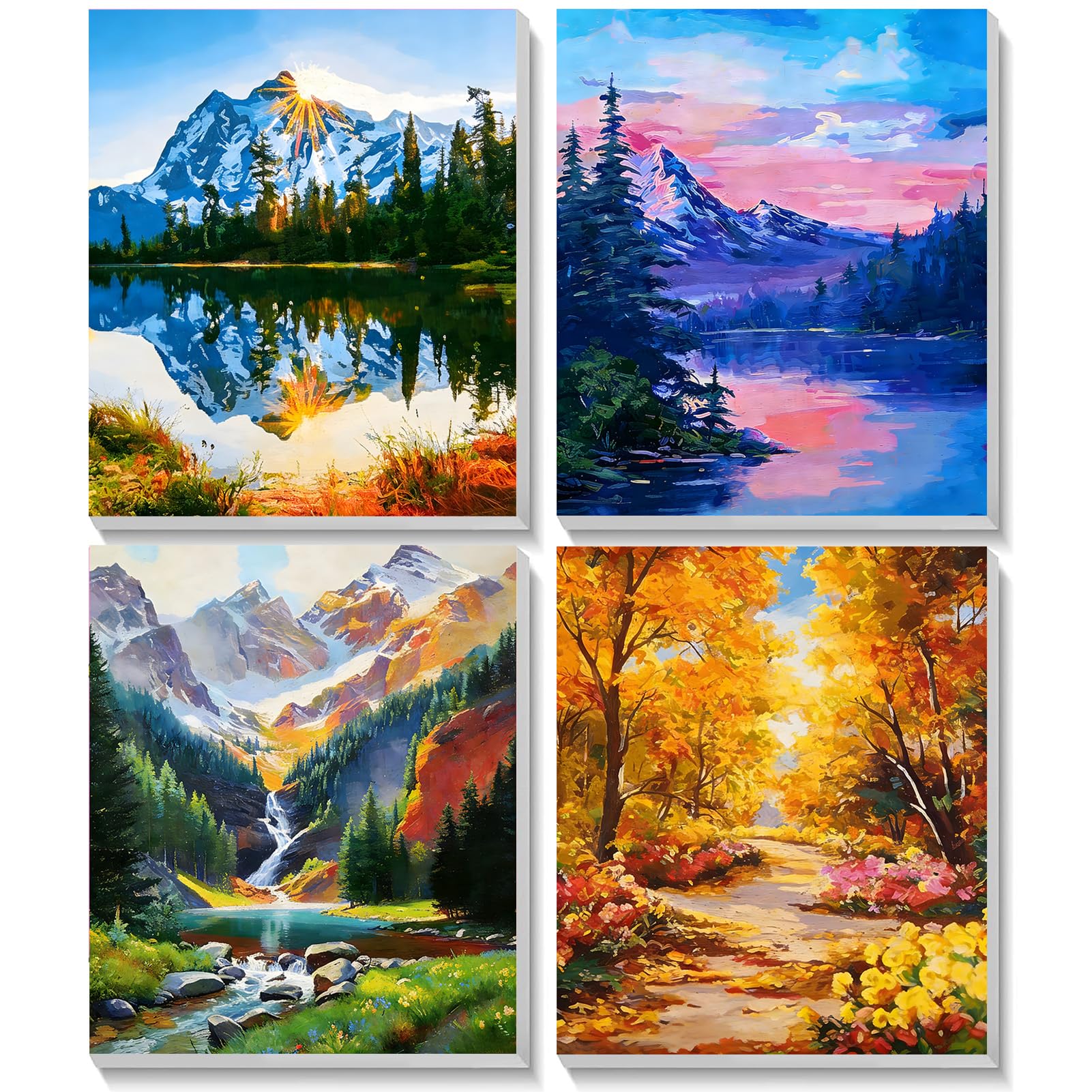 TOSTOG Landscapes 4 Pack Framed Canvas Painting by Numbers Art Kit for Adults and Kids, Beginner Acrylic Painting Supplies with Wooden Frame for Home Wall Decor 20 * 25 cm/8 * 10 in
