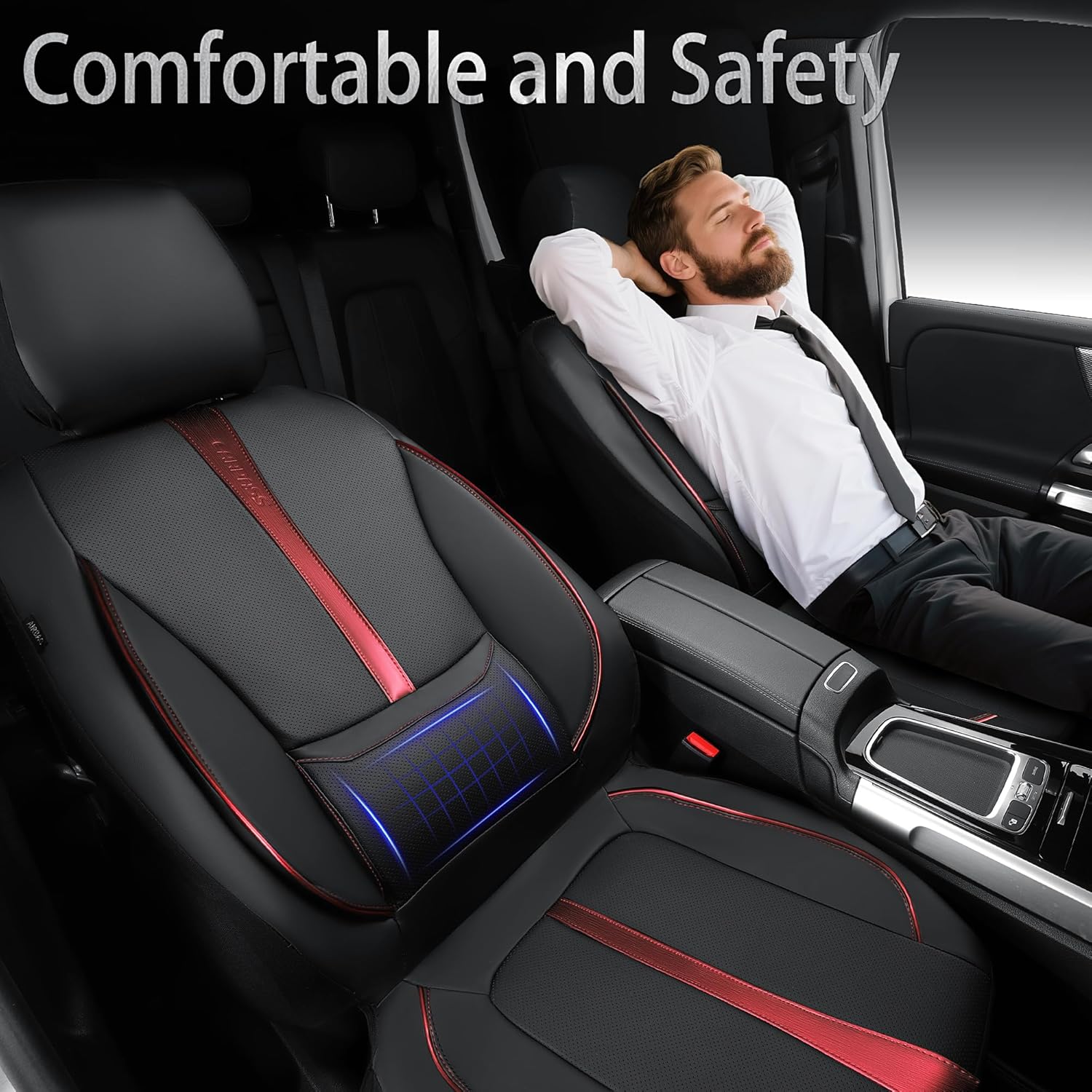 CAR PASS Nappa Leather Two Front Car Seat Covers, Water Resistant Faux PU Leather Seat Covers, 3D Foam Support Automotive Seat Covers Comfortable & Durable Universal Fit for Cars SUV Truck, Black Red