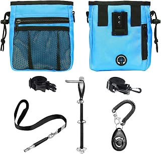 4-in-1 Dog Training Set, Puppy Training Treats- Dog Treat Training Pouch, Dog Whistle, Dog Doorbells, Dog Clicker, Ideal Gift for First Time Pet Owners, Training Dog Owners (Blue)