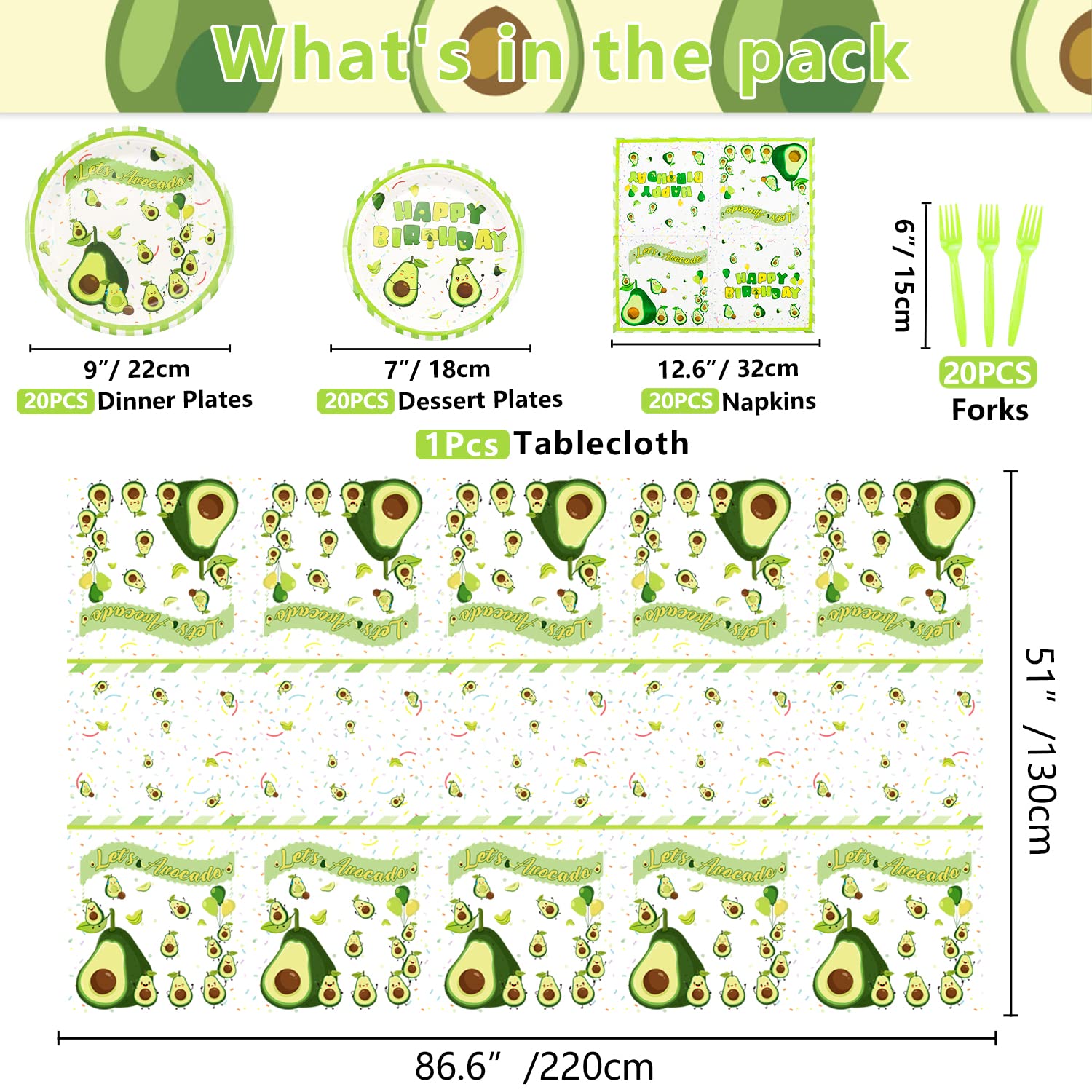 81 Piece Avocado Party Supplies Set - Plates, Napkins, Forks & Tablecloth For 20 Guests