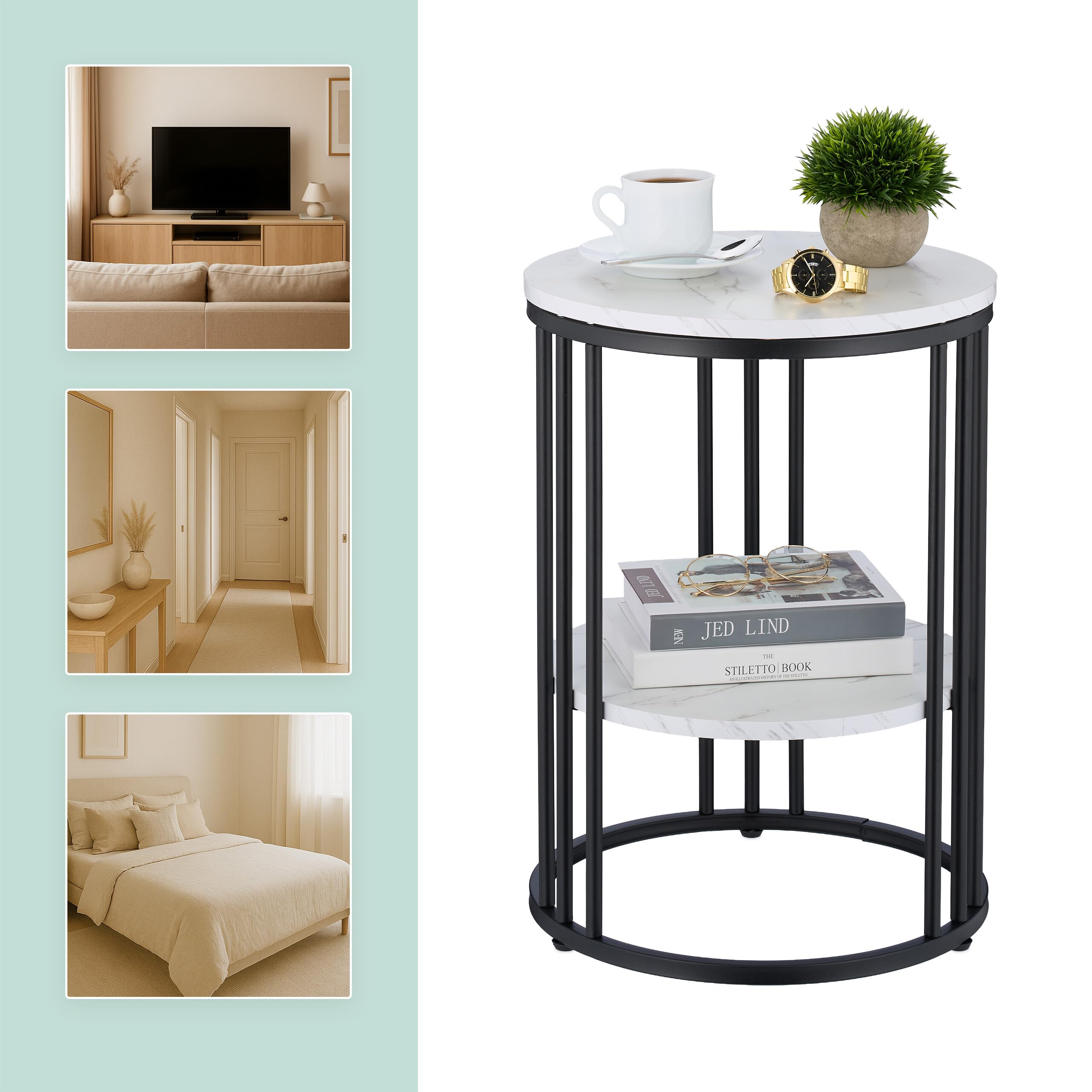 Relaxdays Mesa Auxiliar, 2 Baldas, Efecto Mármol, para Salón, Metal & MDF, Mesita Redonda Sofá, 56x40 cm, Blanco/Negro