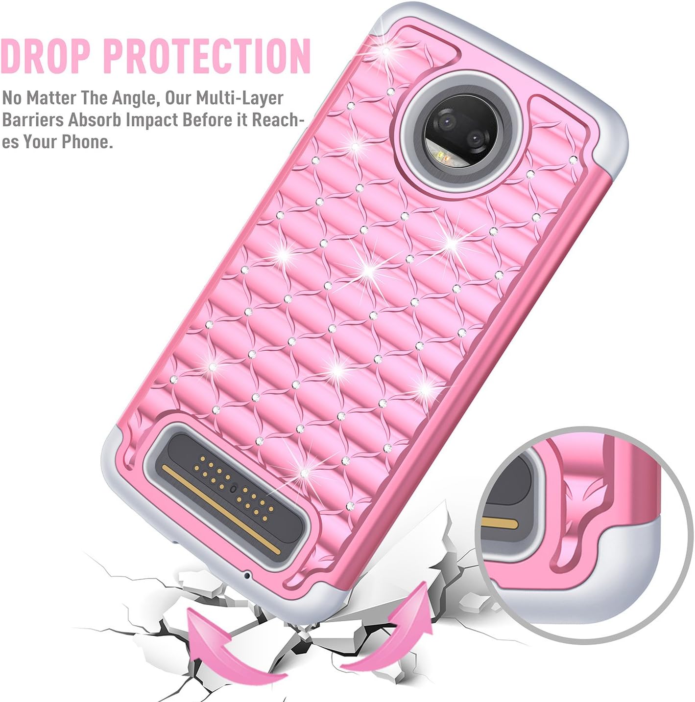 Moto Z2 Force Case, TILL Studded Rhinestone Crystal Bling Diamond Sparkly Luxury Shock Absorbing Hybrid Defender Rugged Glitter Cute Case Cover for Moto Z2 Force Edition/ Z2 Force Droid 2017- Pink