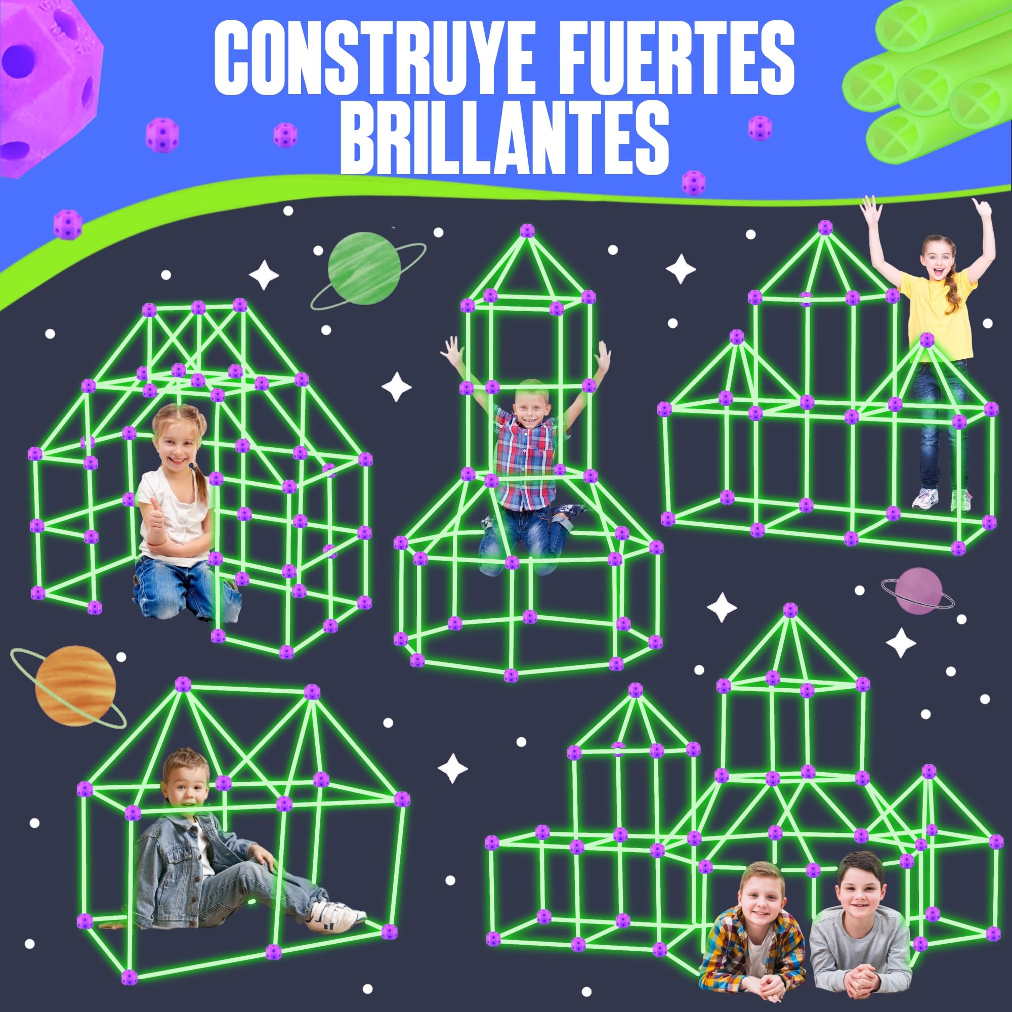 100 pezzi Kit di costruzione - Brilla al buio, forte bambini da 3 a 13 anni, castelli tunnel creativi, tenda di giochi e campagna per interni ed esterni, fortezza fai da te
