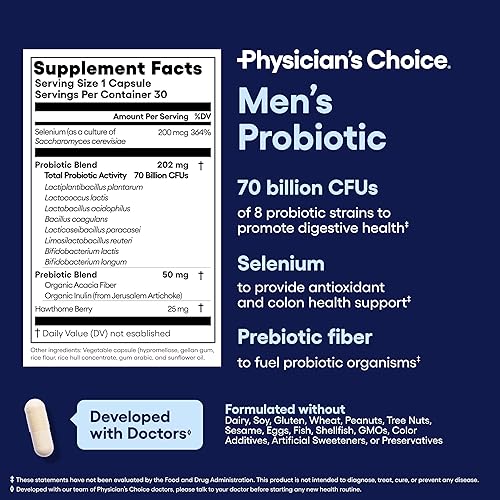 Miniatura 6 de Physician's Choice Probióticos para hombres  70 mil millones de UFC  8 cepas  con selenio y prebióticos orgánicos  Apoya la salud digestiva,