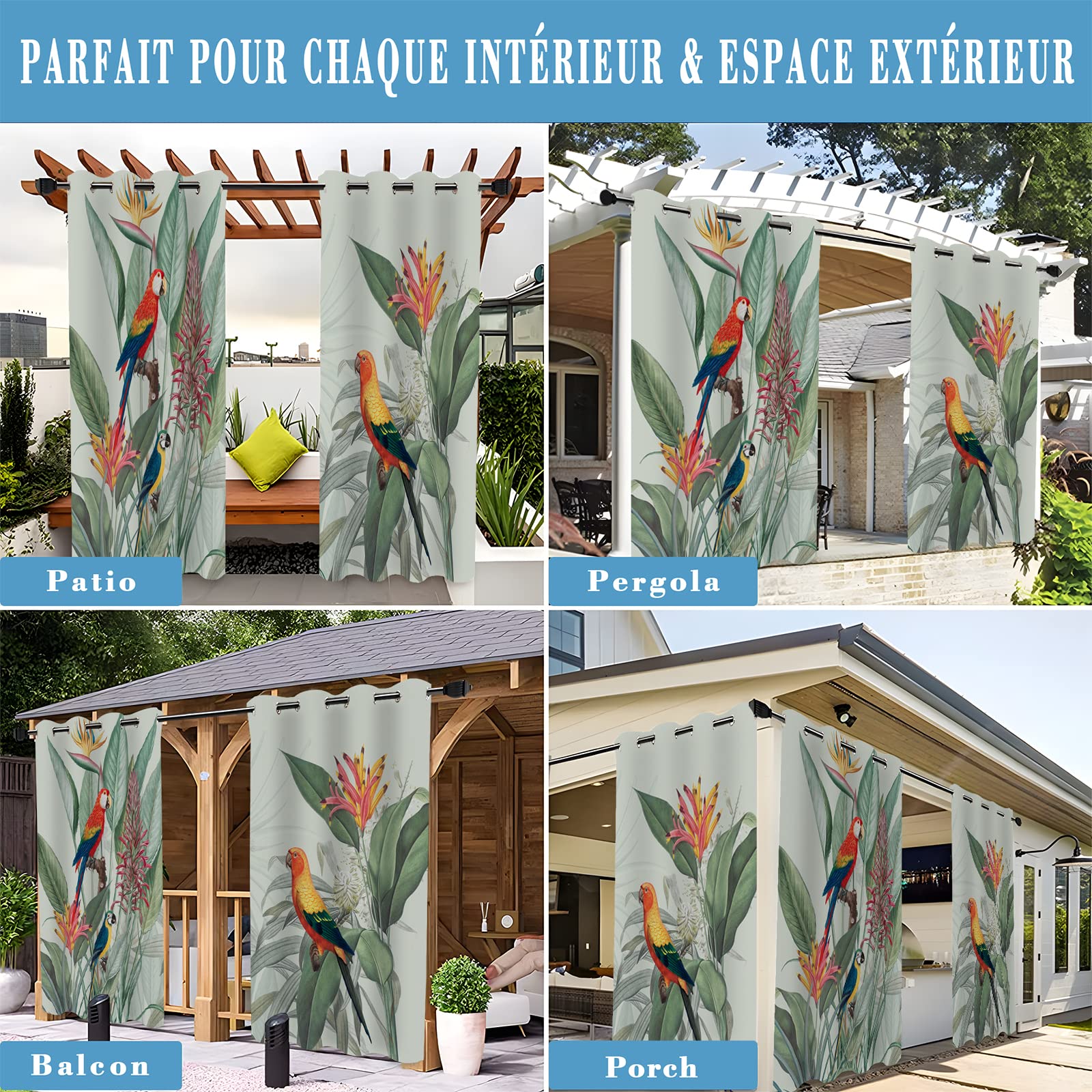 2 Pièces Rideaux D'extérieur Imperméable 132x213cm 3D Printed Rideau Exterieur Impermeable Rideau pour Pergola Terrasse Cabane Tonnelle Jardin, Rideau Occultant Isolant Thermiques, Vert