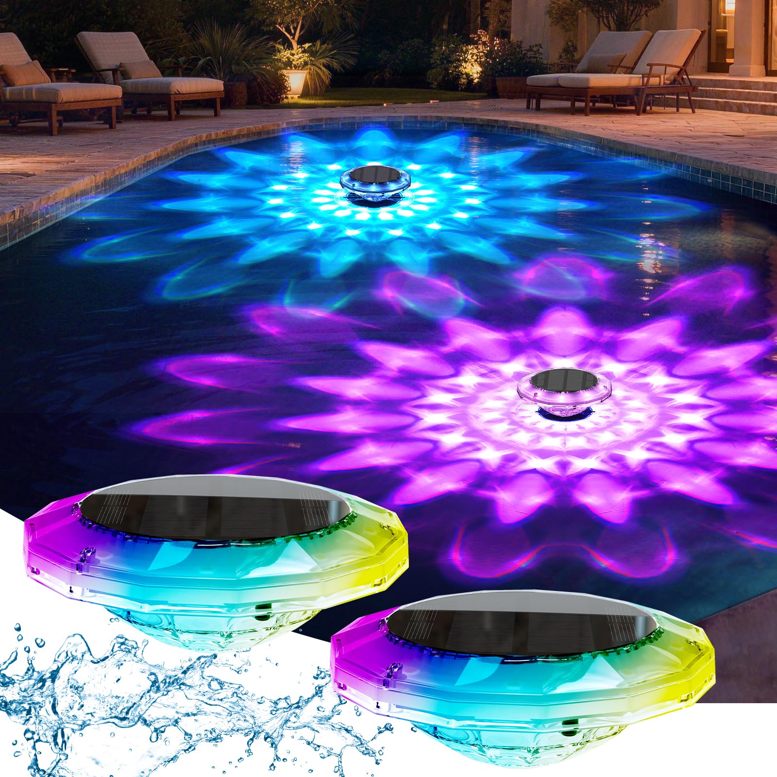 Quntis Luz Solar Piscina Flotante 15cm con Mando a Distancia, Luz LED Piscina Exterior 360°, IP68 Impermeable, 12 Modos RGB, Temporizador, Lámpara Solar Flotante para Piscina, Estanque, Jardín