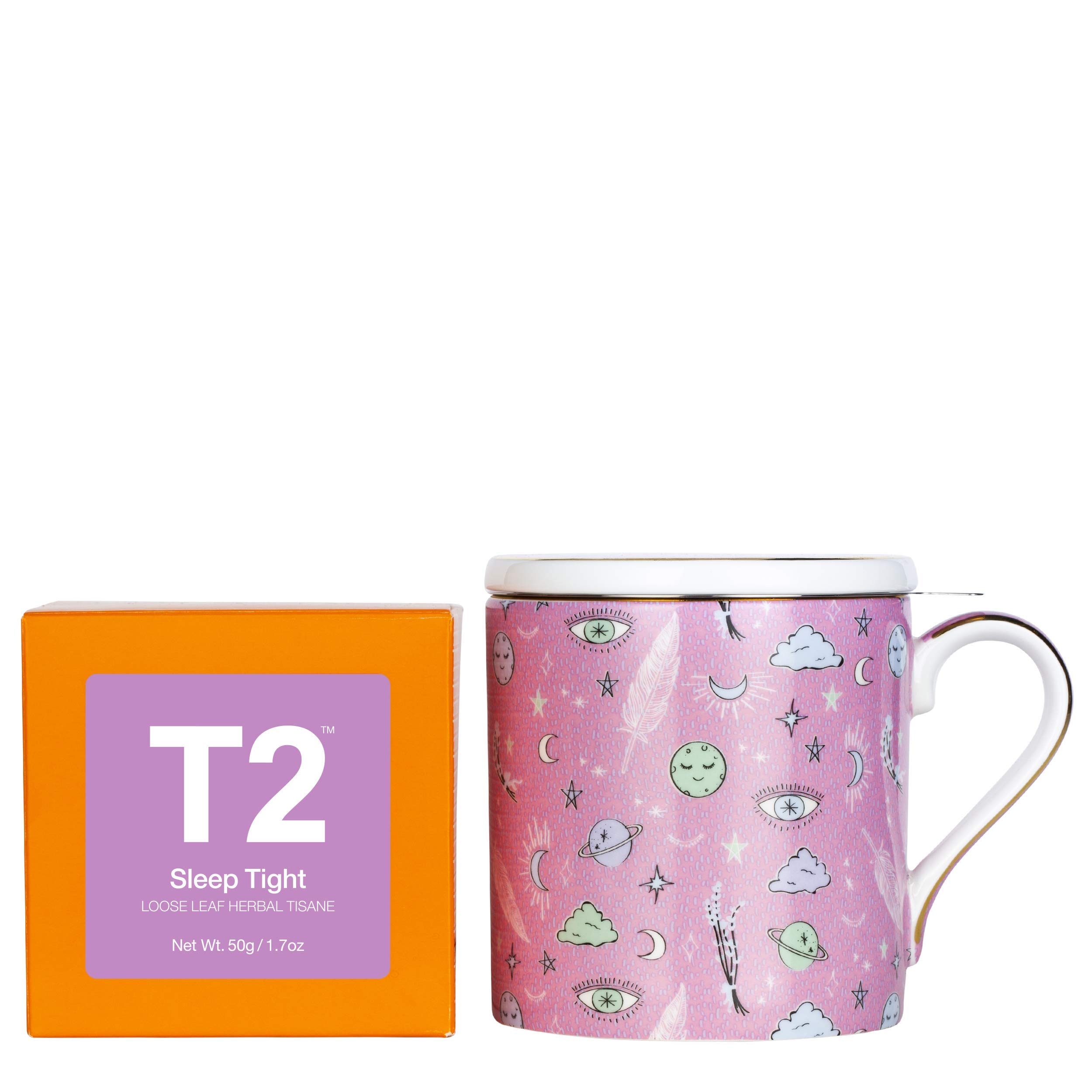 T2 Iconic Tea and Mug Bundle - Sleep Tight, Loose Leaf Herbal Tea 100g and Fine Bone China Mug with Infuser, Wellness for Tea Lovers