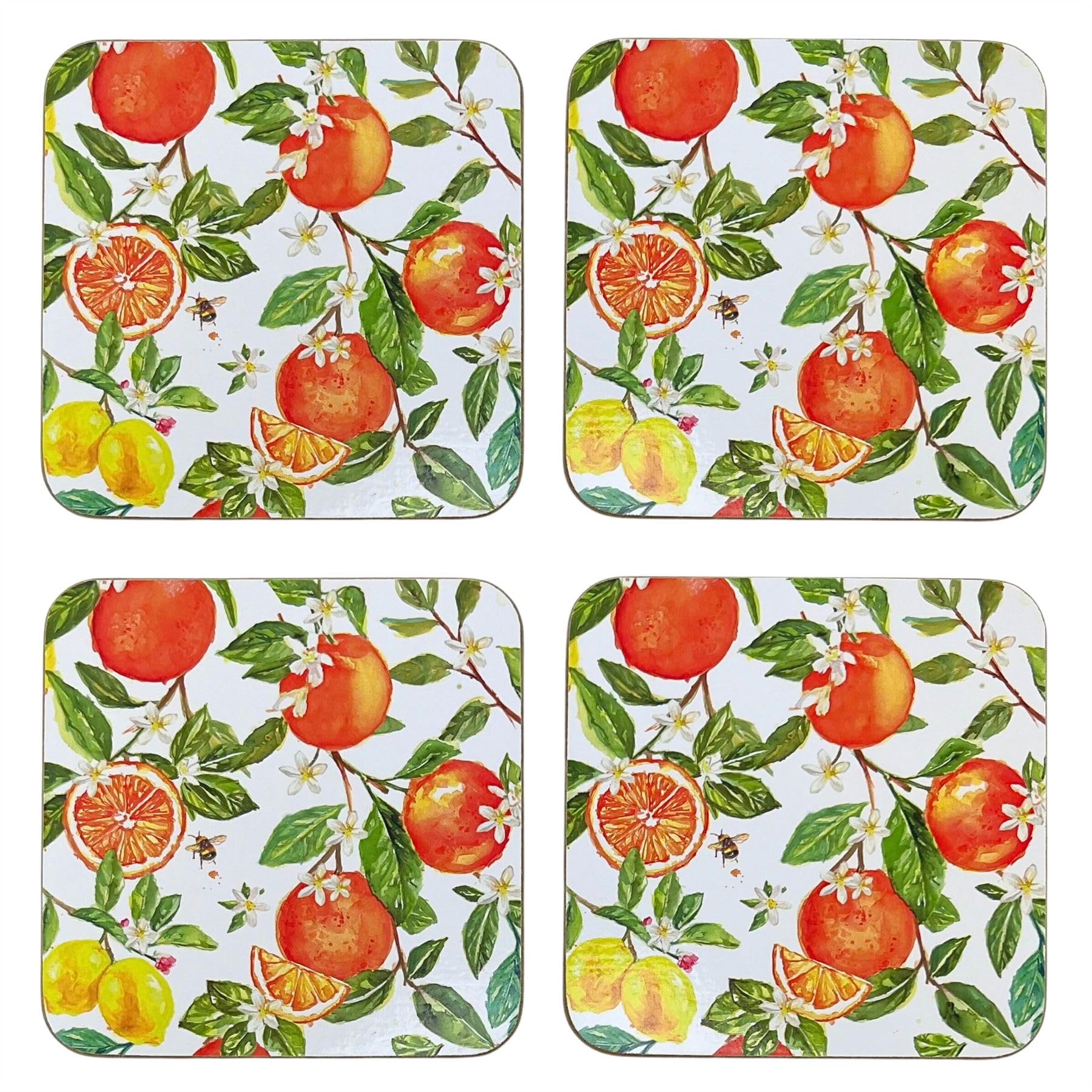 Oranges & Lemons Set of 4 Cork Backed Coasters, 10.5cm Citrus Fruit Design Drinks Coasters for Tables