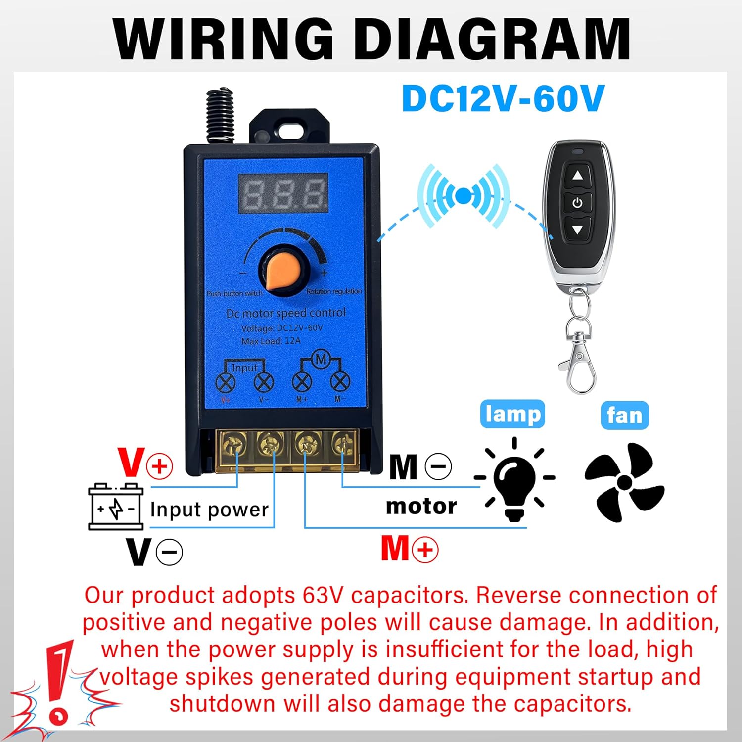 Wireless DC Motor Remote Control Switch,DC 12V-60V 12A M29B Motor Speed Controller Remote Control Switch,Wireless Remote Switch with 100 ft Range,Suitable for Various DC Motors,Lighting Fixtures,Fan.