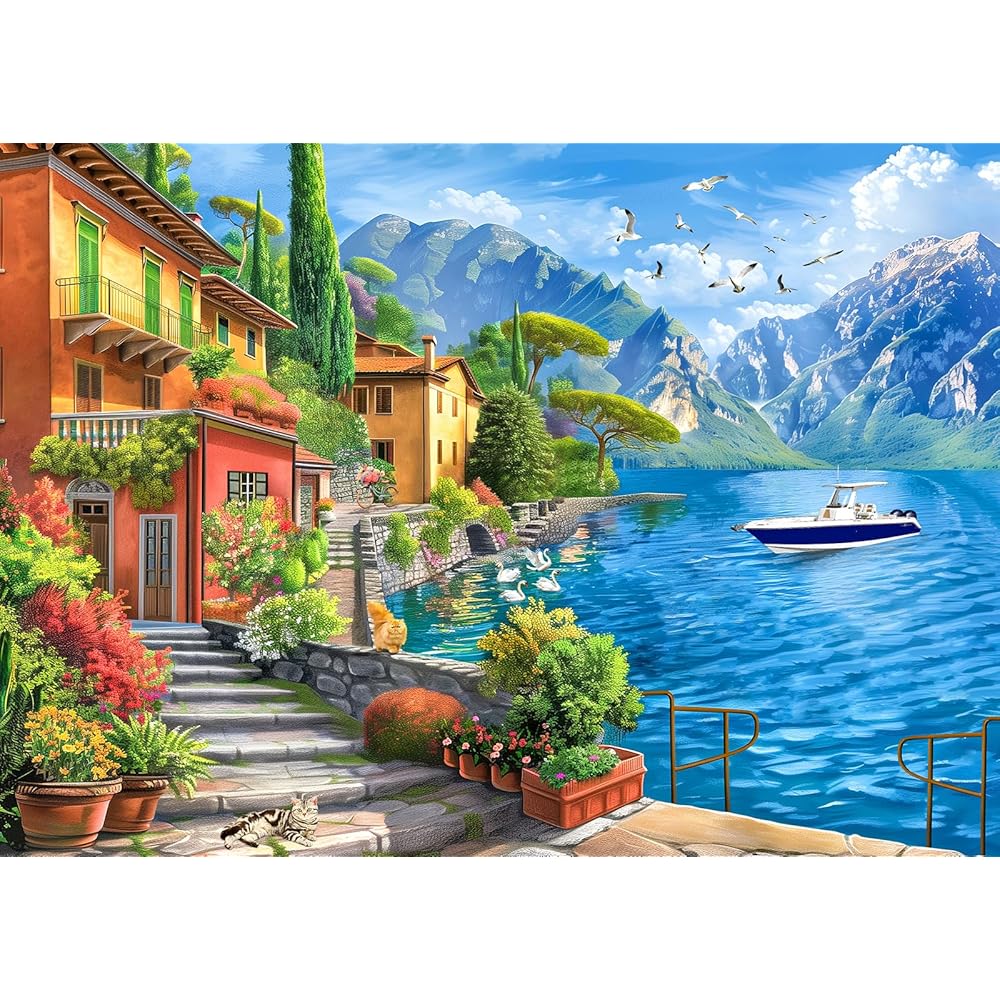 Seaside Resort 1000 Piece Puzzle for Adults, Sea Town Puzzles for Adults 1000 Pieces, Jigsaw Puzzles 1000 Pieces Seashore Yacht City Landscape Puzzle for Adults Teens Seniors Gift Challenging Game
