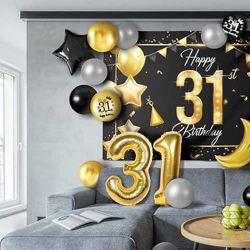 Miniatura 5 de Juego de globos dorados de feliz cumpleaños número 31 – Saludos a los 31 años de edad, guirnalda temática de fiesta con estrellas y luna, decoración