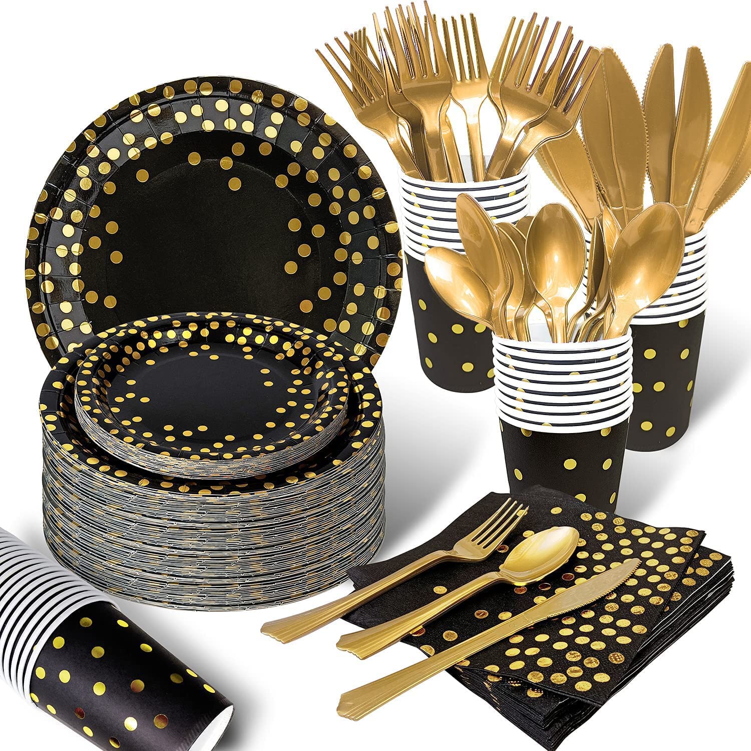 ELECDON Disposable Party Dinnerware Set, Black and Gold Party Supplies, Gold Plastic Forks Knives Spoons and Golden Dot Black Paper Plates, Black Napkins Cups for Graduation, Birthday, Wedding 175PCS