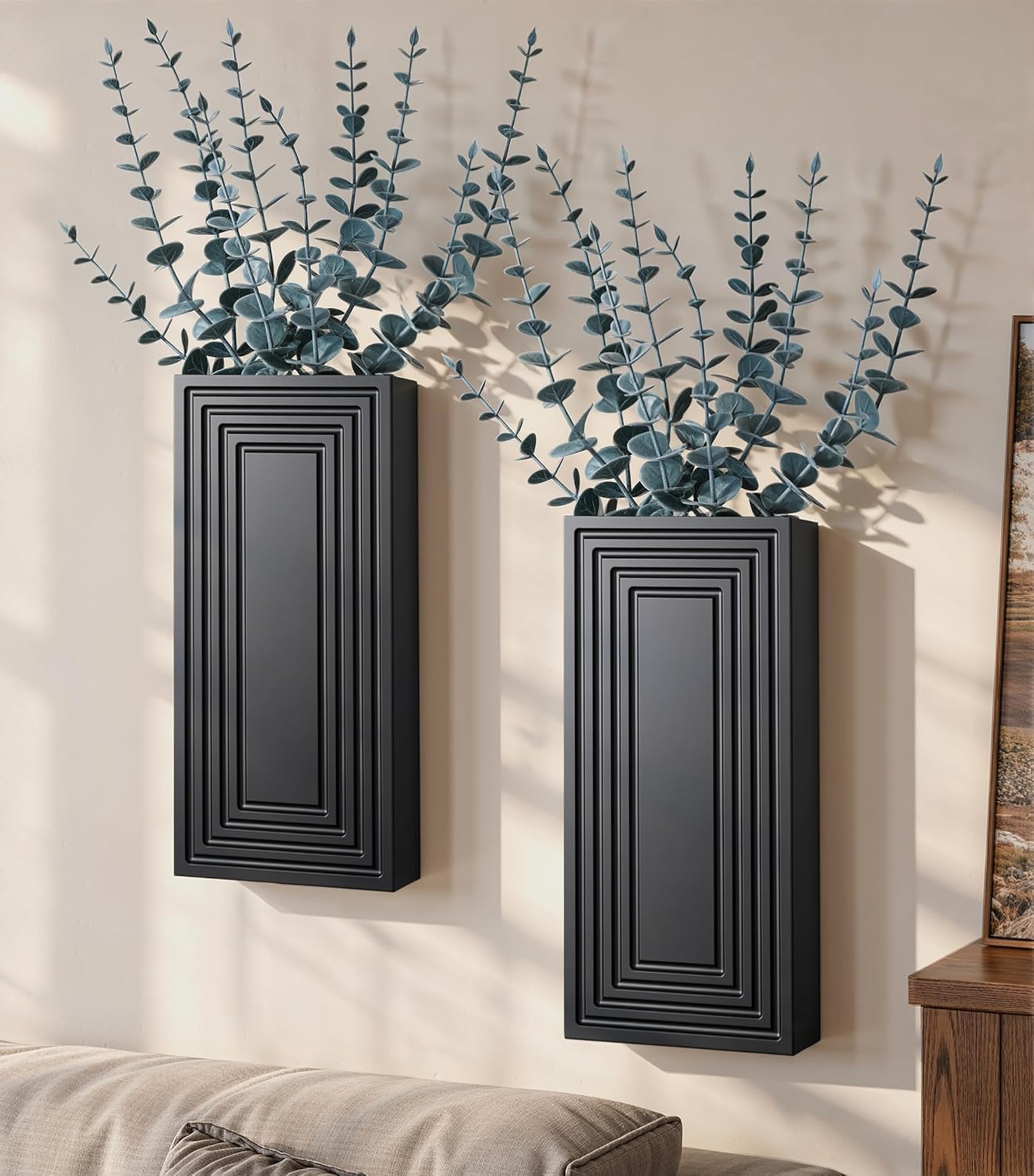 FancyPlus 2-Pack Black Wooden Hanging Wall Vases with Artificial Eucalyptus - Boho Farmhouse Planters for Living Room, Kitchen, Bedroom Decor